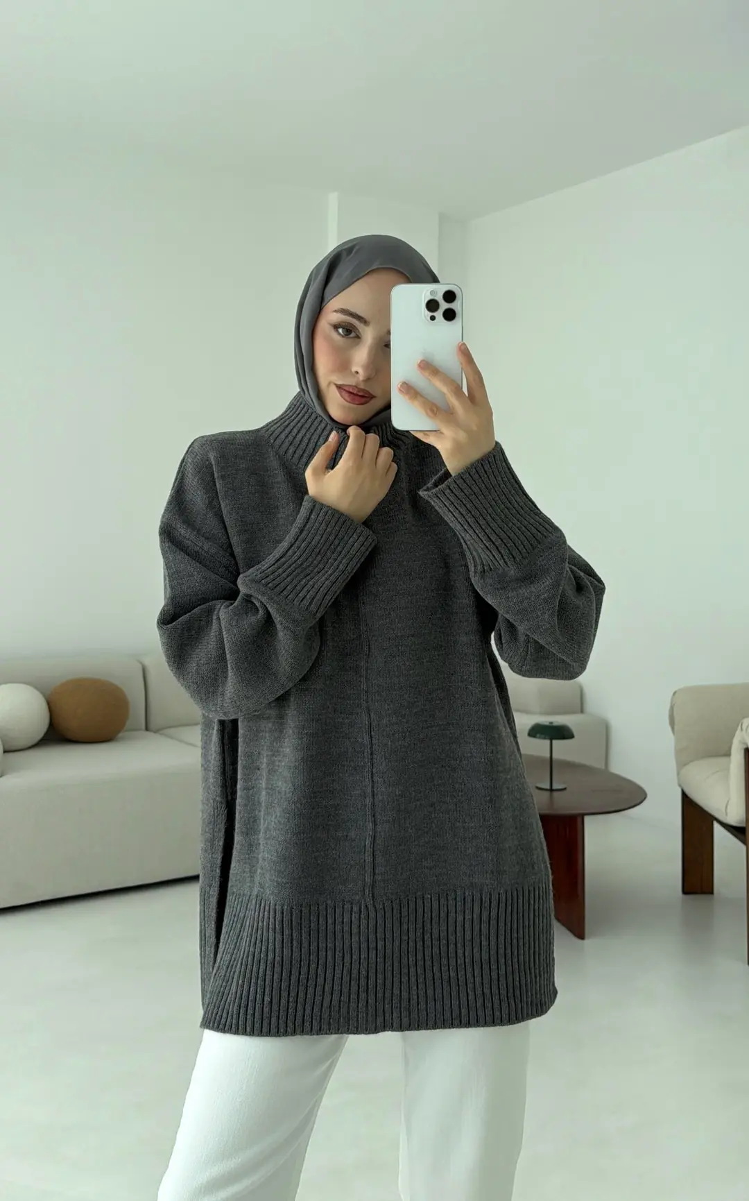 Tek Yaka Triko Kazak Gri - Görsel 7