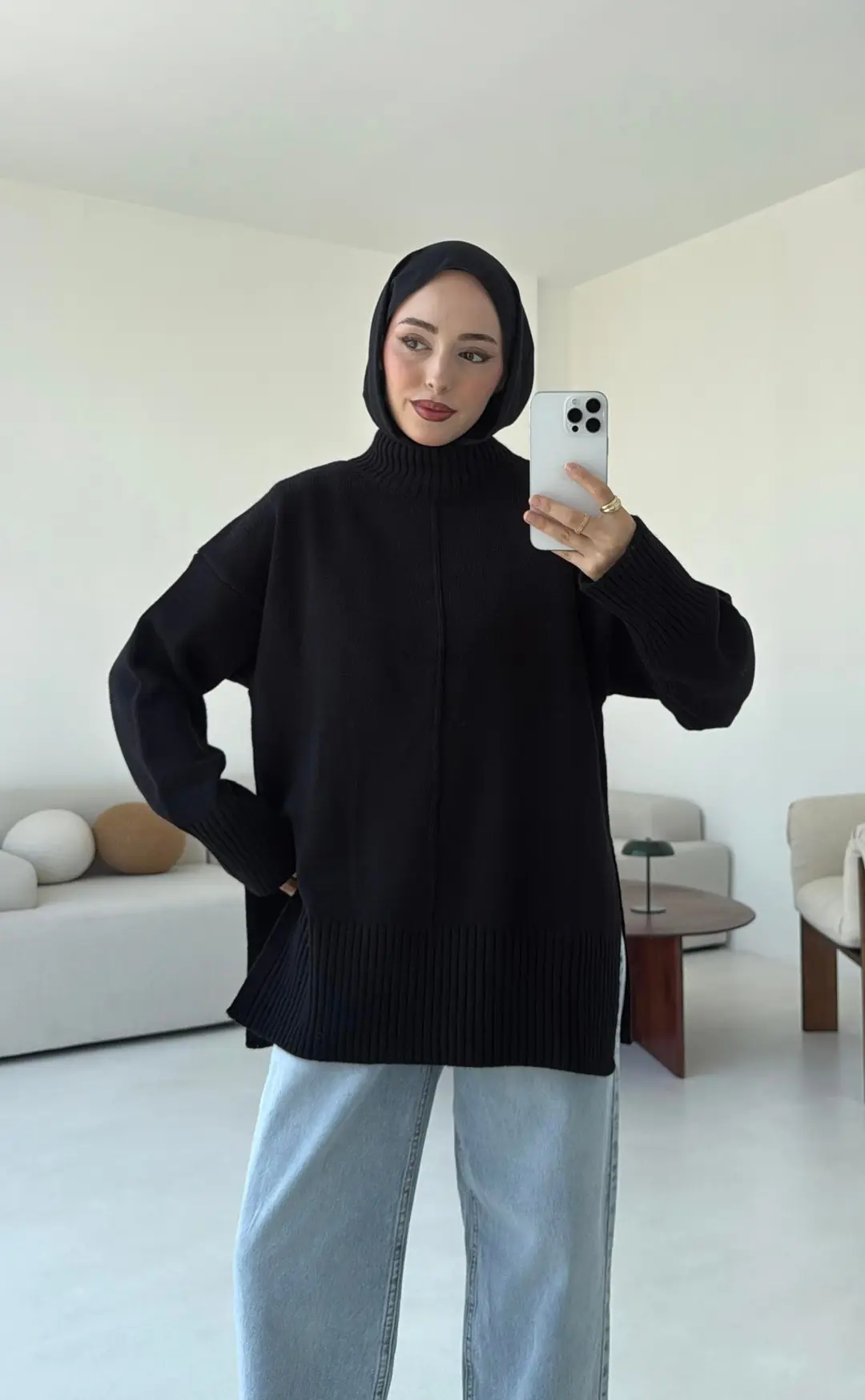 Tek Yaka Triko Kazak Siyah - Görsel 3