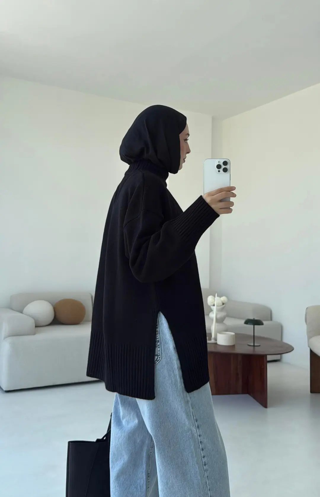 Tek Yaka Triko Kazak Siyah - Görsel 6