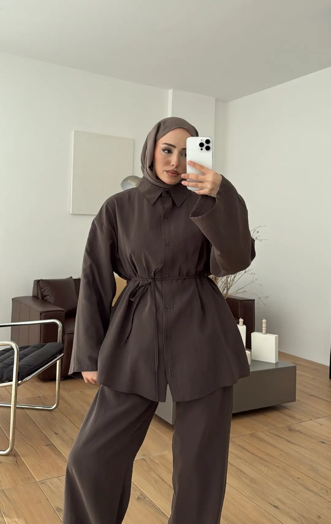 Tencel Bağlamalı Takım Kahve - Görsel 5