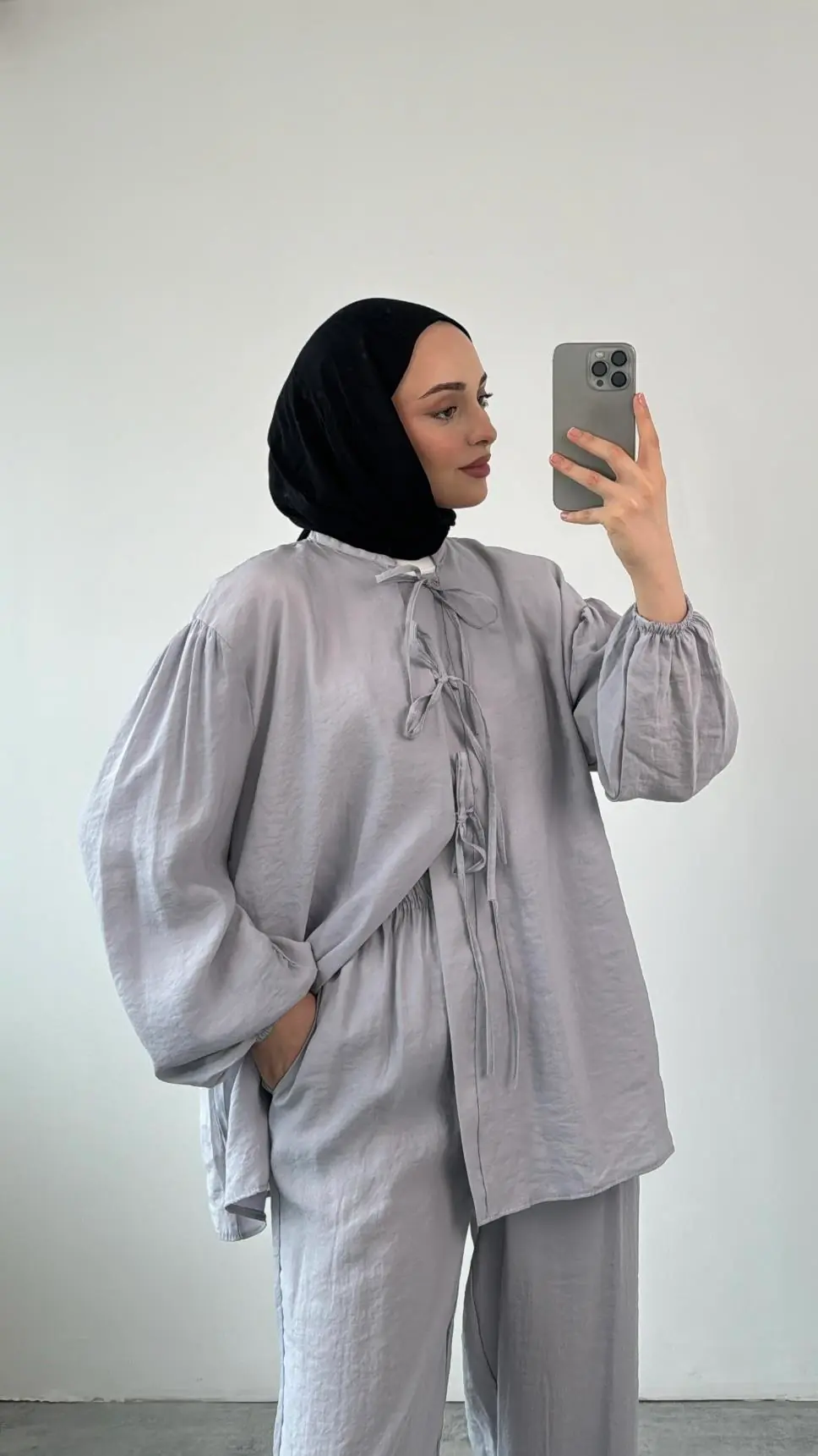 Tencel Önden Bağlamalı Kimonolu Takım Gri - Görsel 2