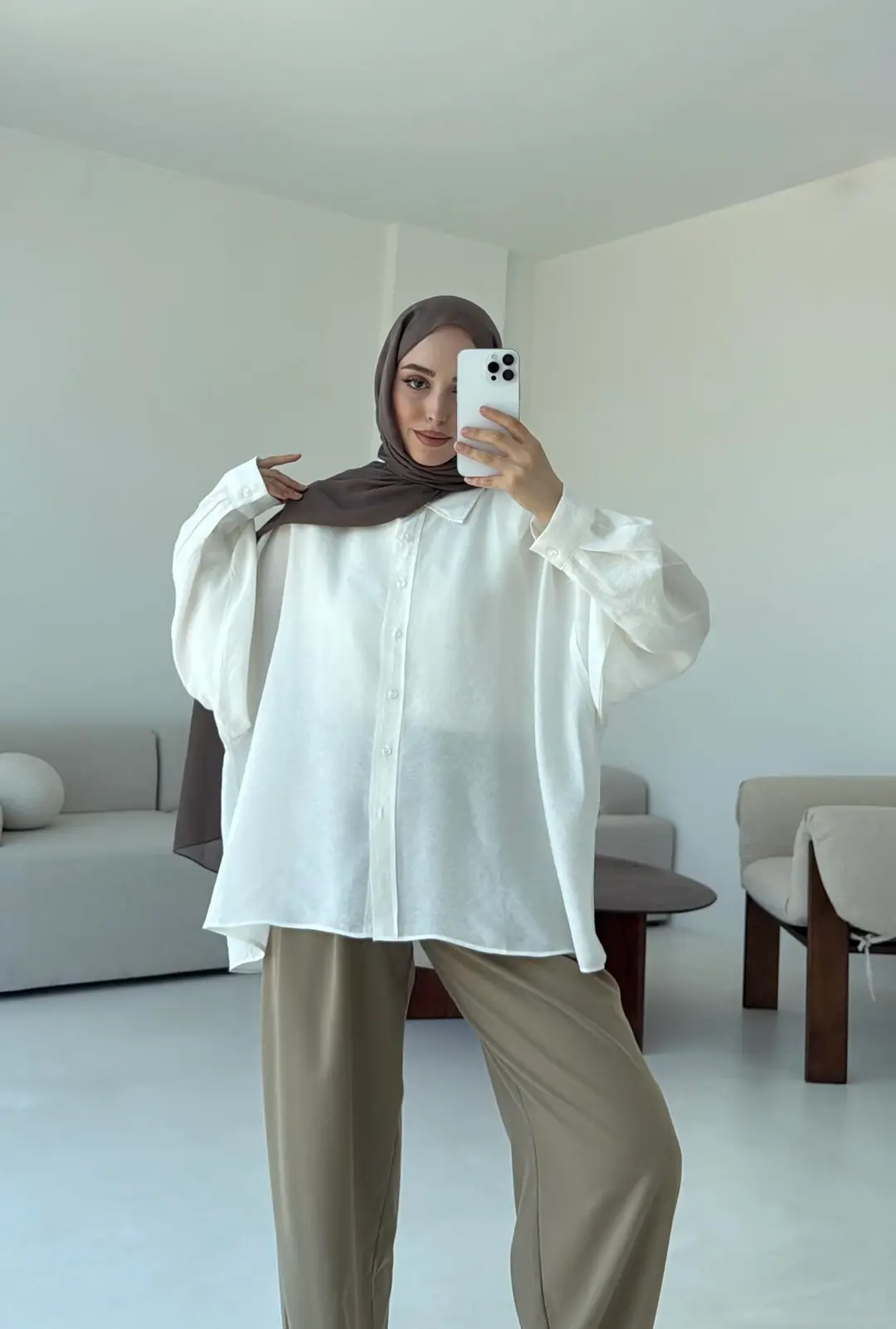 Tencel Pis Dikiş Oversize Beyaz Gömlek - Görsel 5