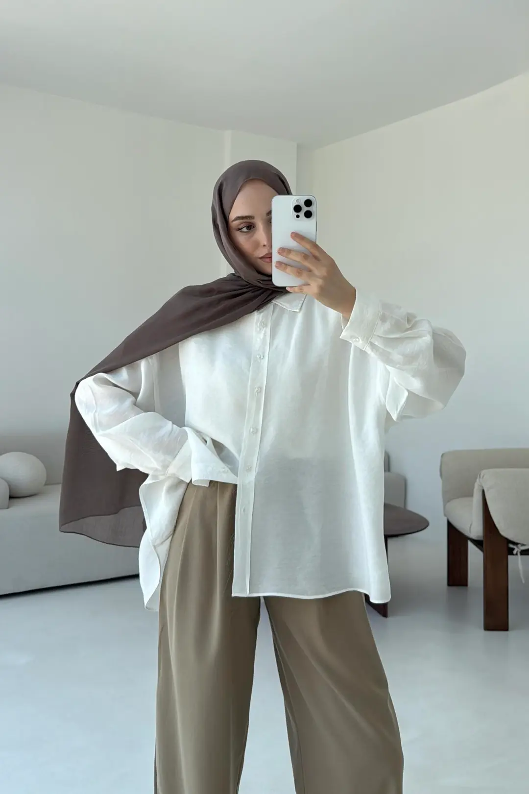 Tencel Pis Dikiş Oversize Beyaz Gömlek - Görsel 7