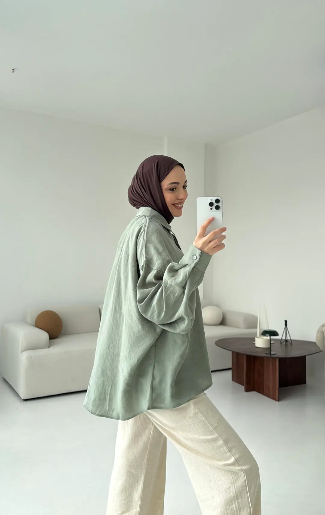 Tencel Pis Dikiş Oversize Çağla Yeşili Gömlek - Görsel 2