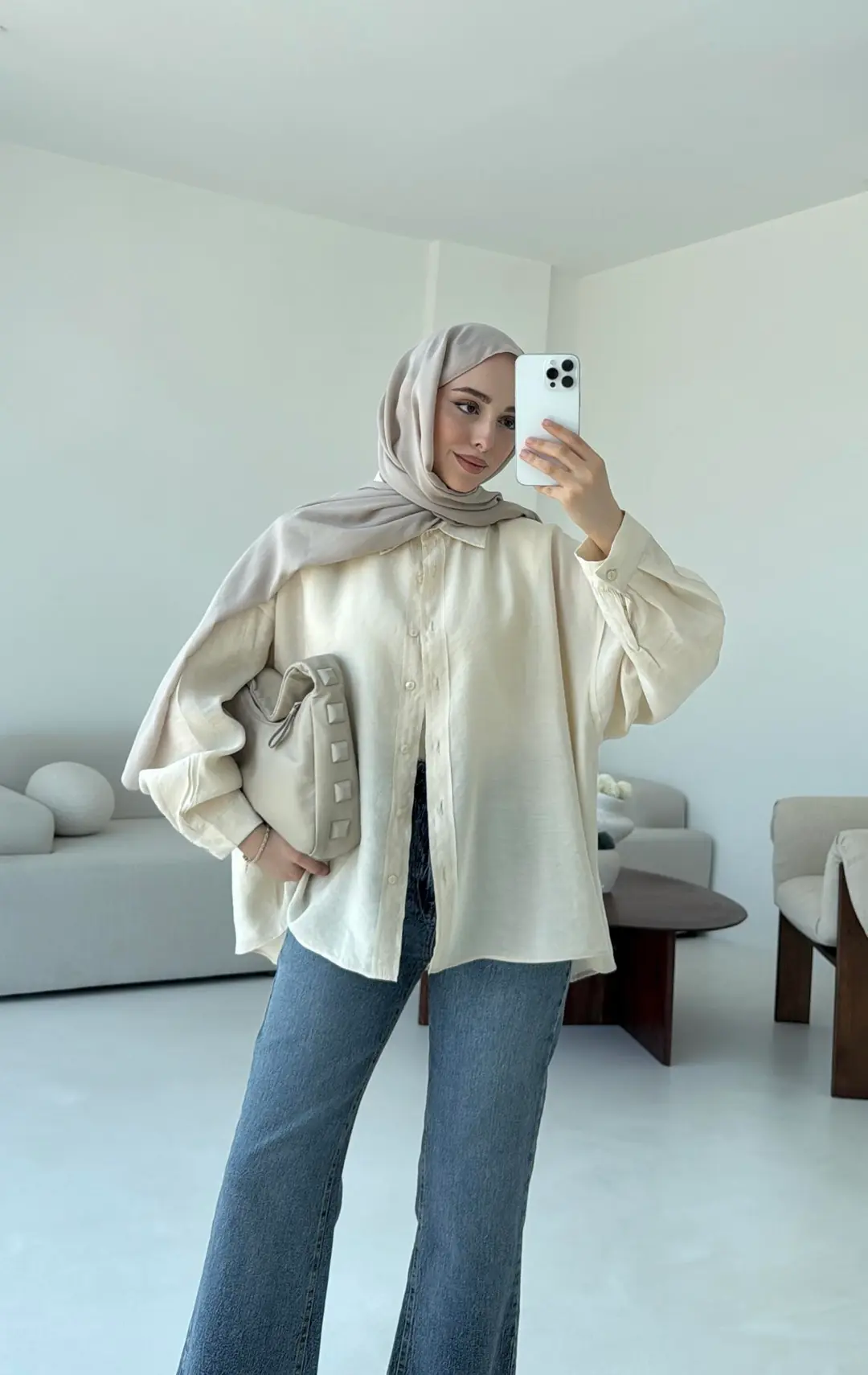 Tencel Pis Dikiş Oversize Krem Gömlek - Görsel 3