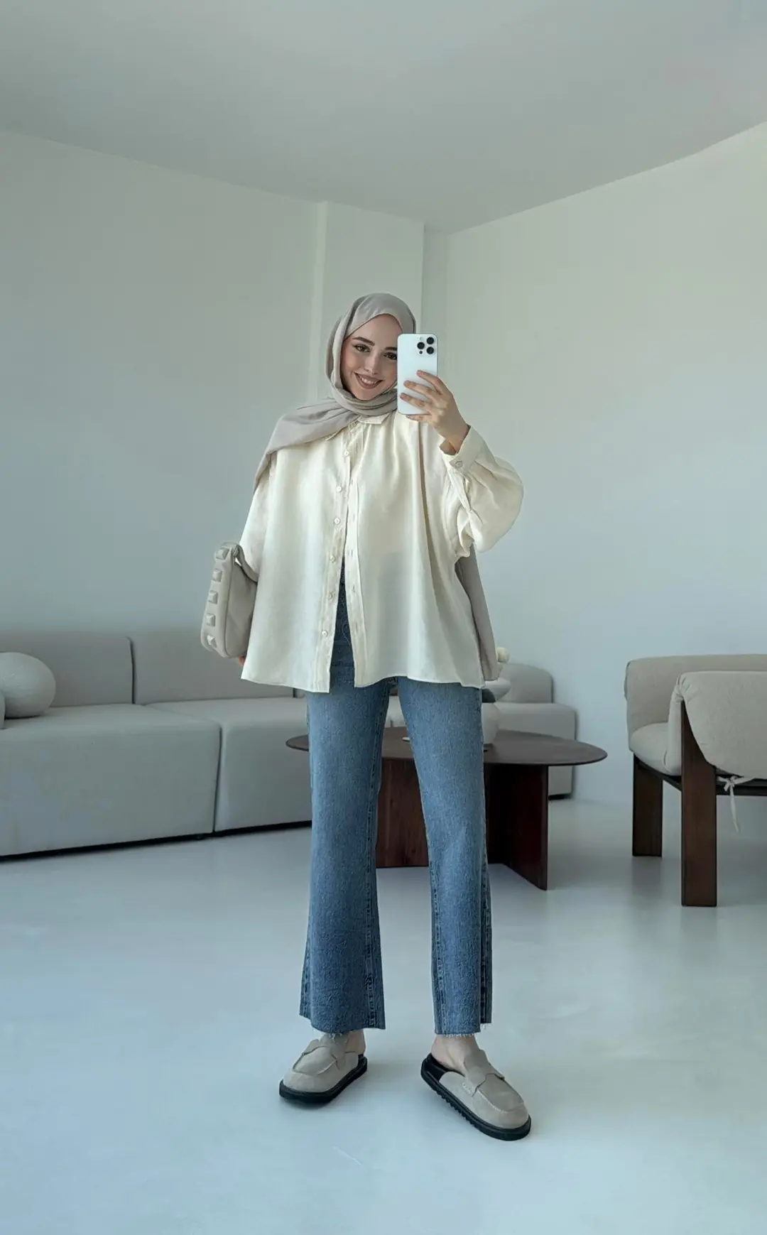 Tencel Pis Dikiş Oversize Krem Gömlek - Görsel 4