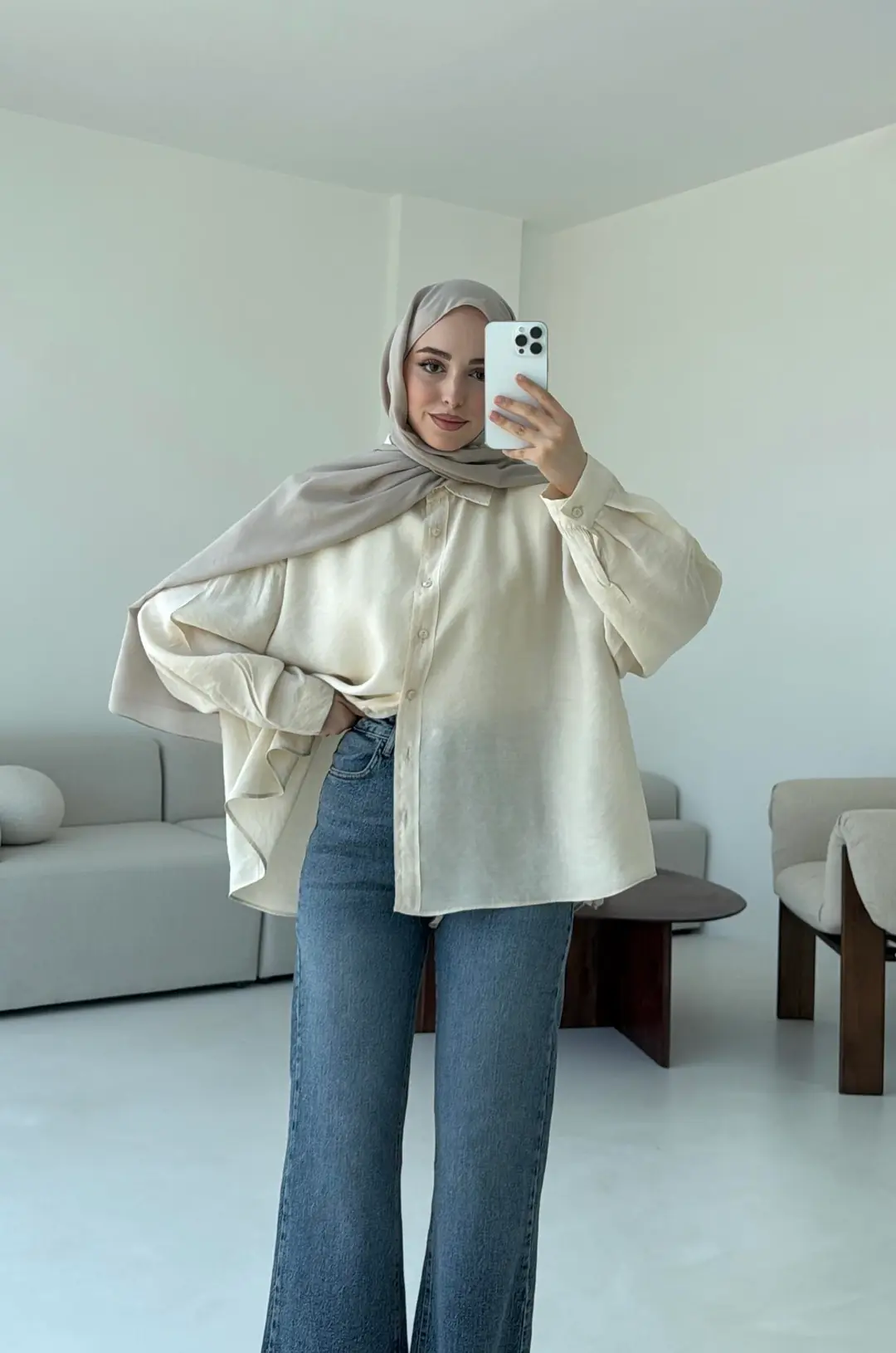 Tencel Pis Dikiş Oversize Krem Gömlek - Görsel 5