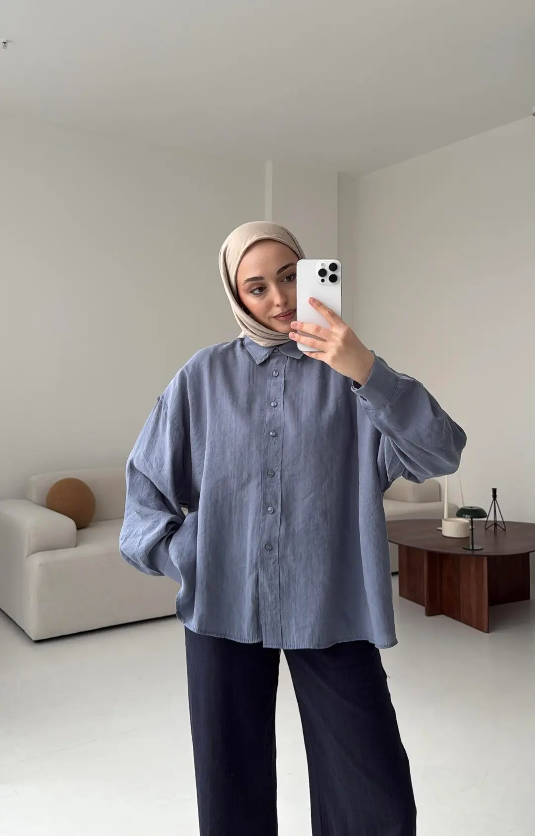 Tencel Pis Dikiş Oversize Mavi Gömlek - Görsel 5
