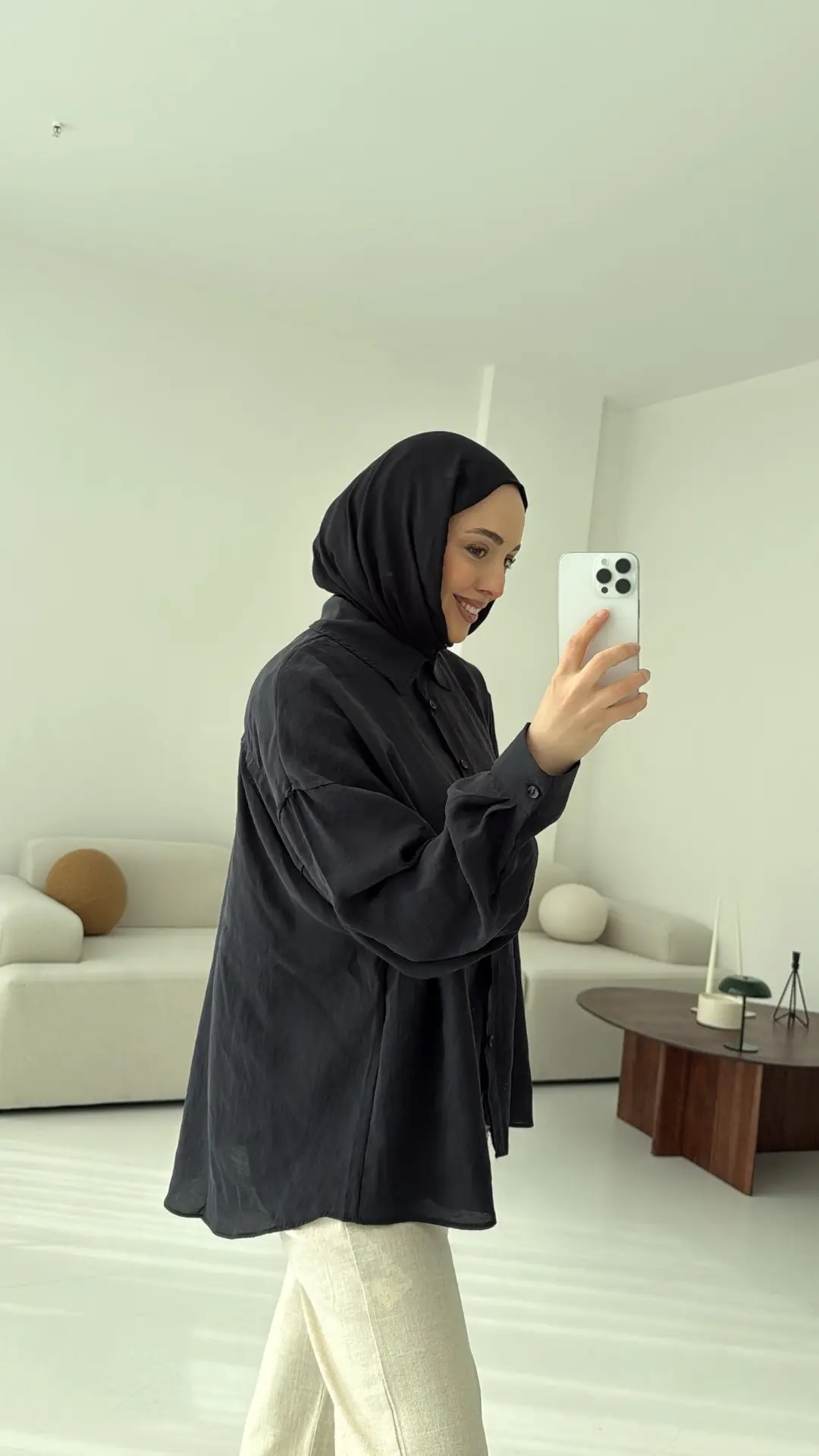 Tencel Pis Dikiş Oversize Siyah Gömlek - Görsel 6