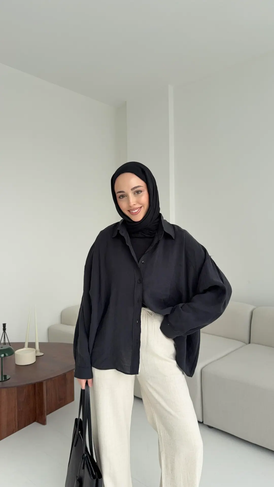 Tencel Pis Dikiş Oversize Siyah Gömlek - Görsel 7