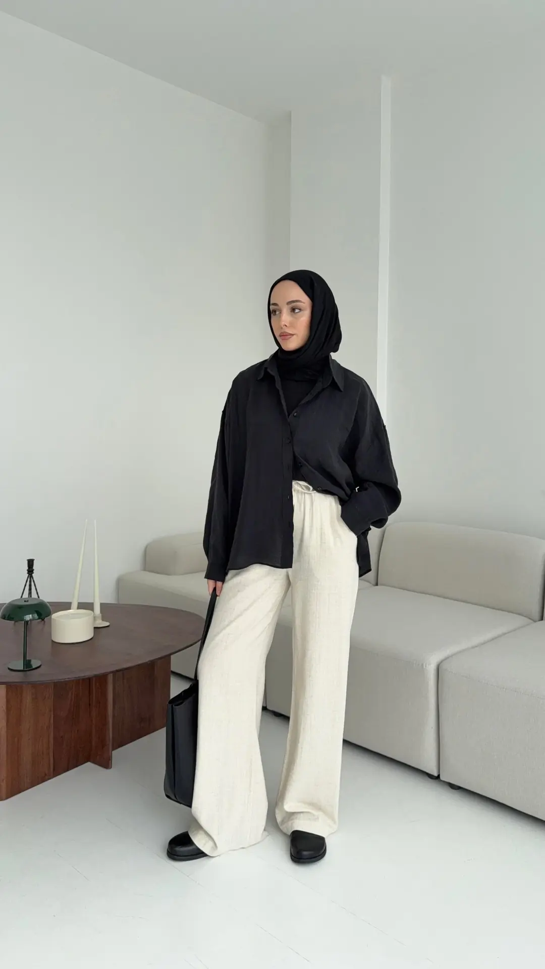 Tencel Pis Dikiş Oversize Siyah Gömlek - Görsel 8