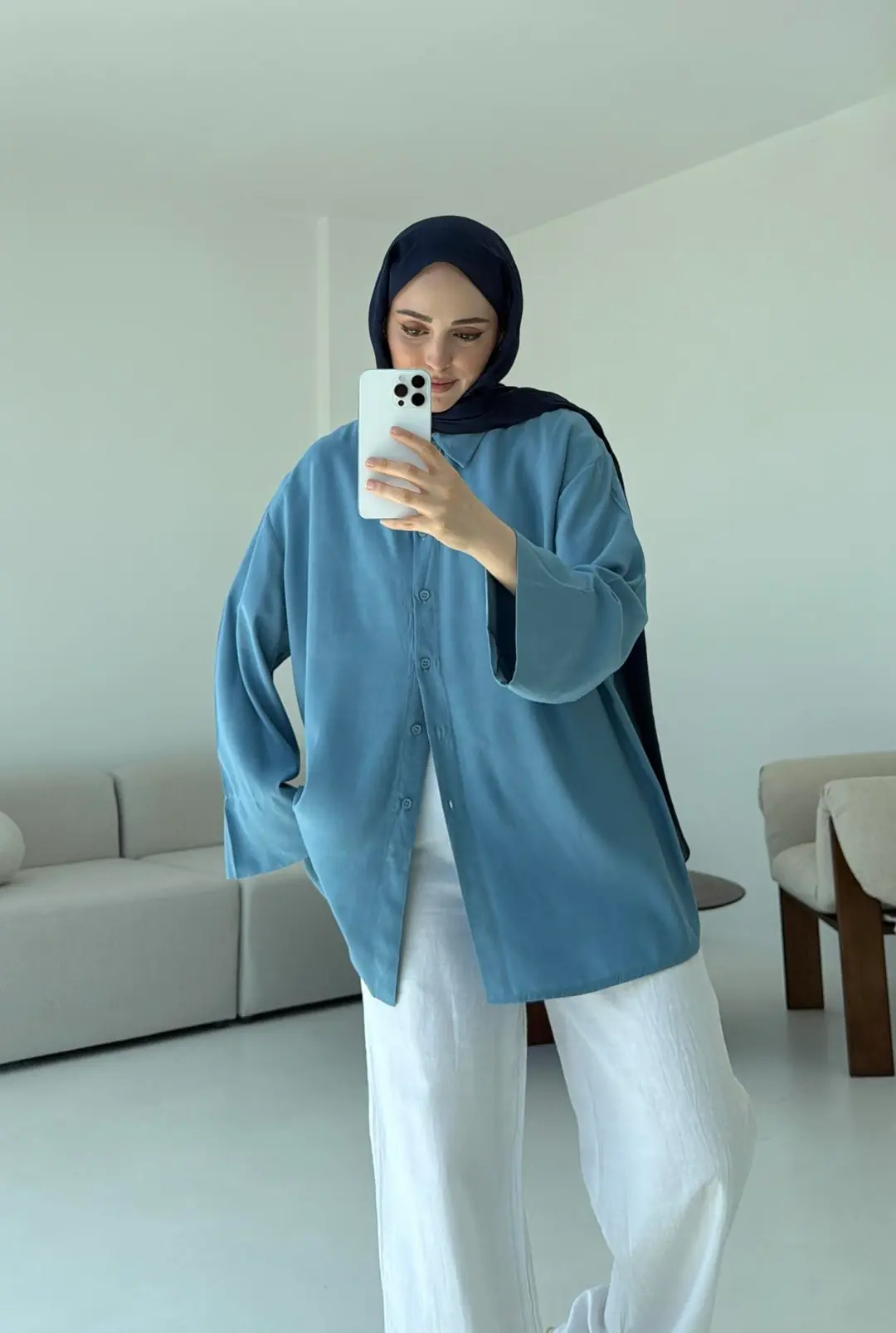 Tencel Yıkamalı Gömlek Mavi - Görsel 2