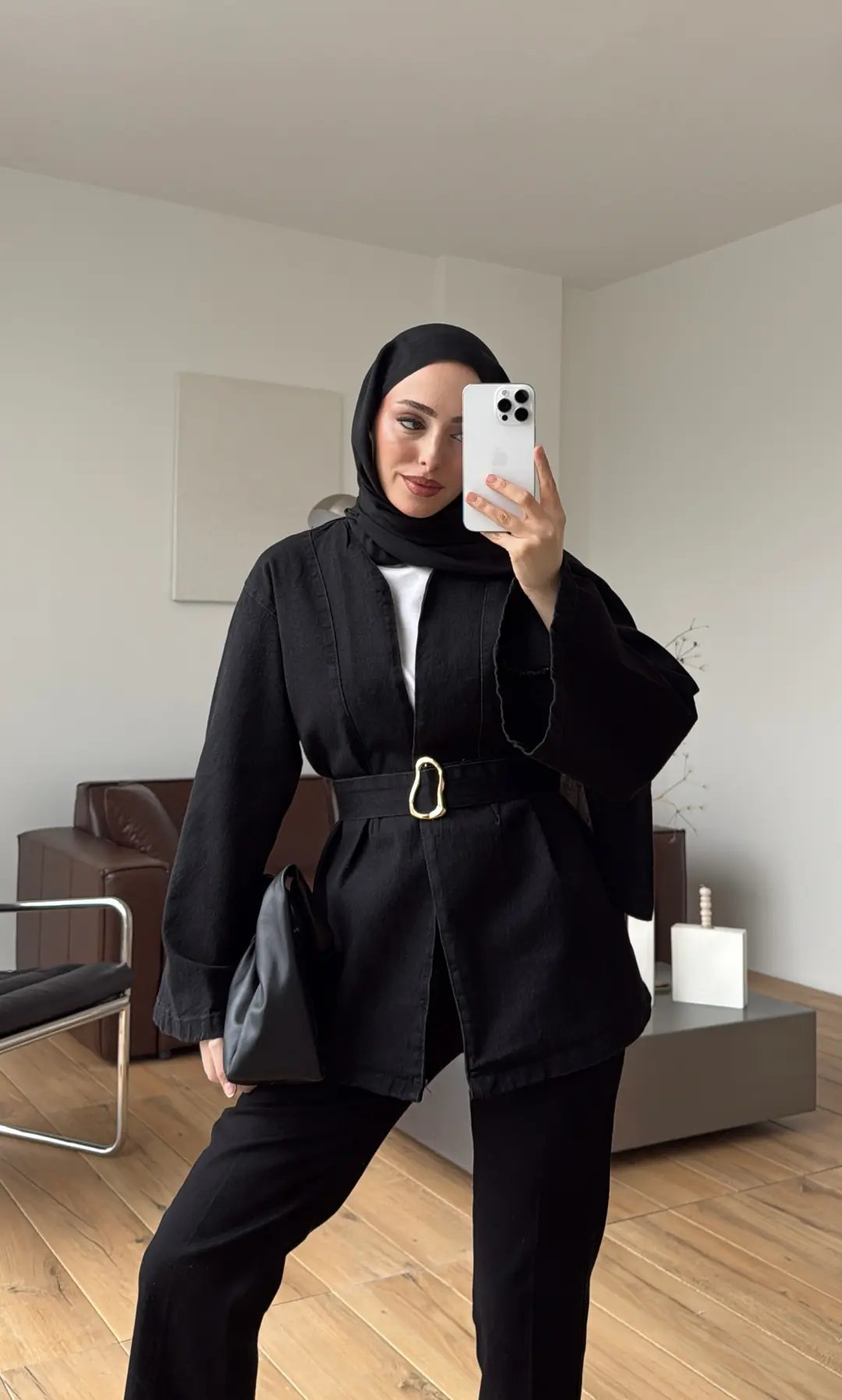 Toka Kemerli Kot Ceket Siyah - Görsel 4