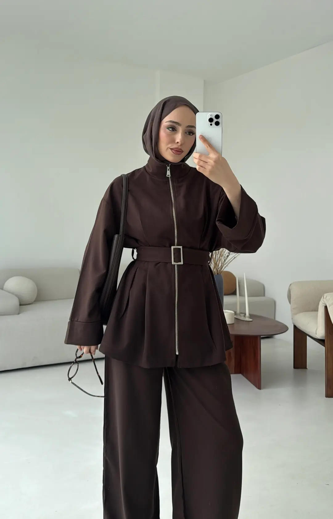 Tokalı Kemerli Pileli Tunik Takım Acı Kahve - Görsel 2