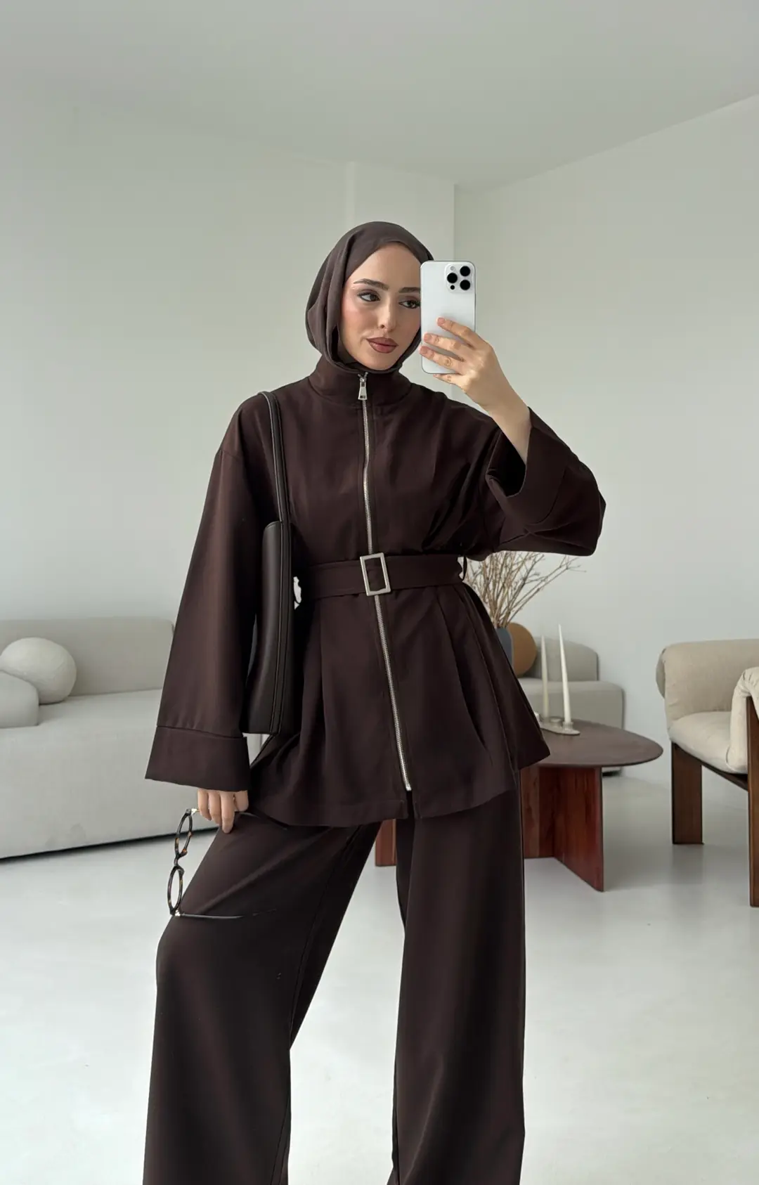 Tokalı Kemerli Pileli Tunik Takım Acı Kahve - Görsel 3