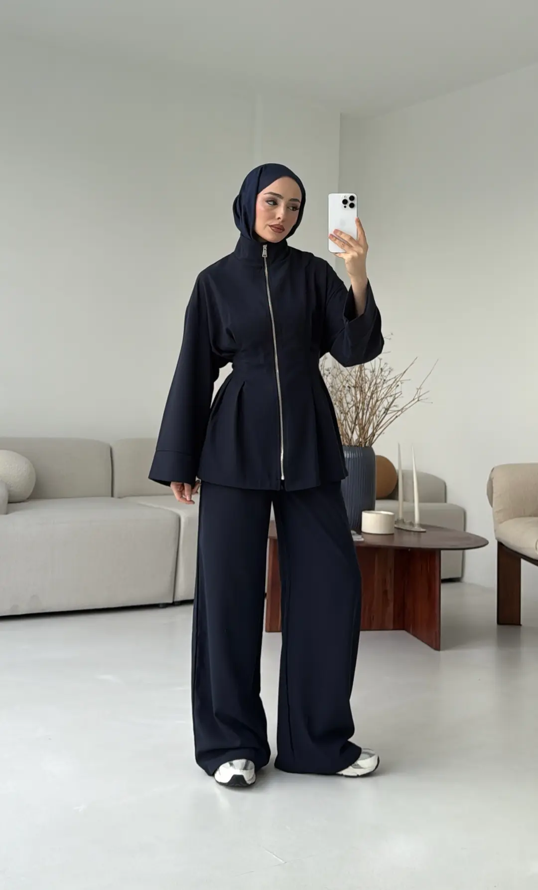 Tokalı Kemerli Pileli Tunik Takım Lacivert