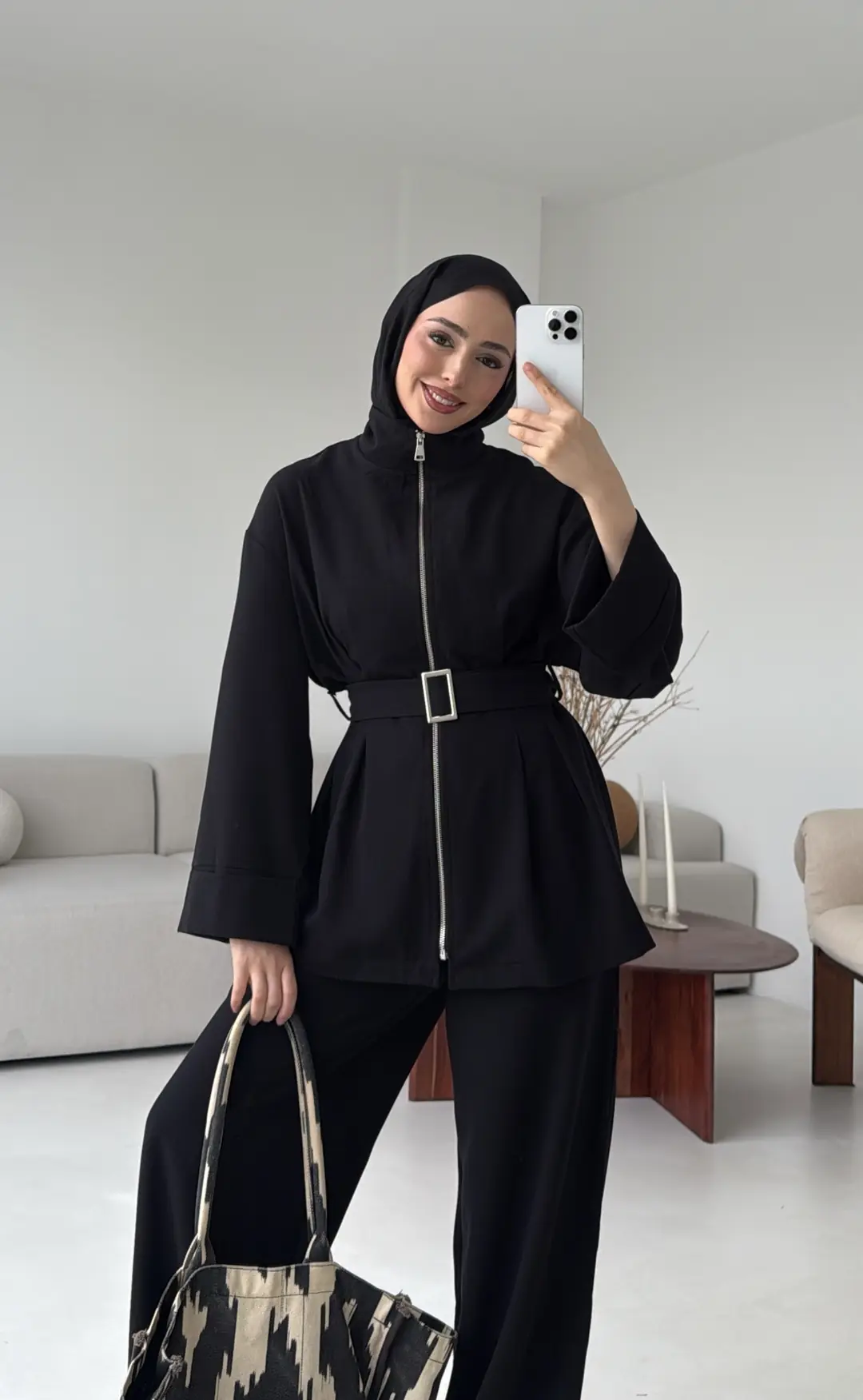 Tokalı Kemerli Pileli Tunik Takım Siyah - Görsel 2