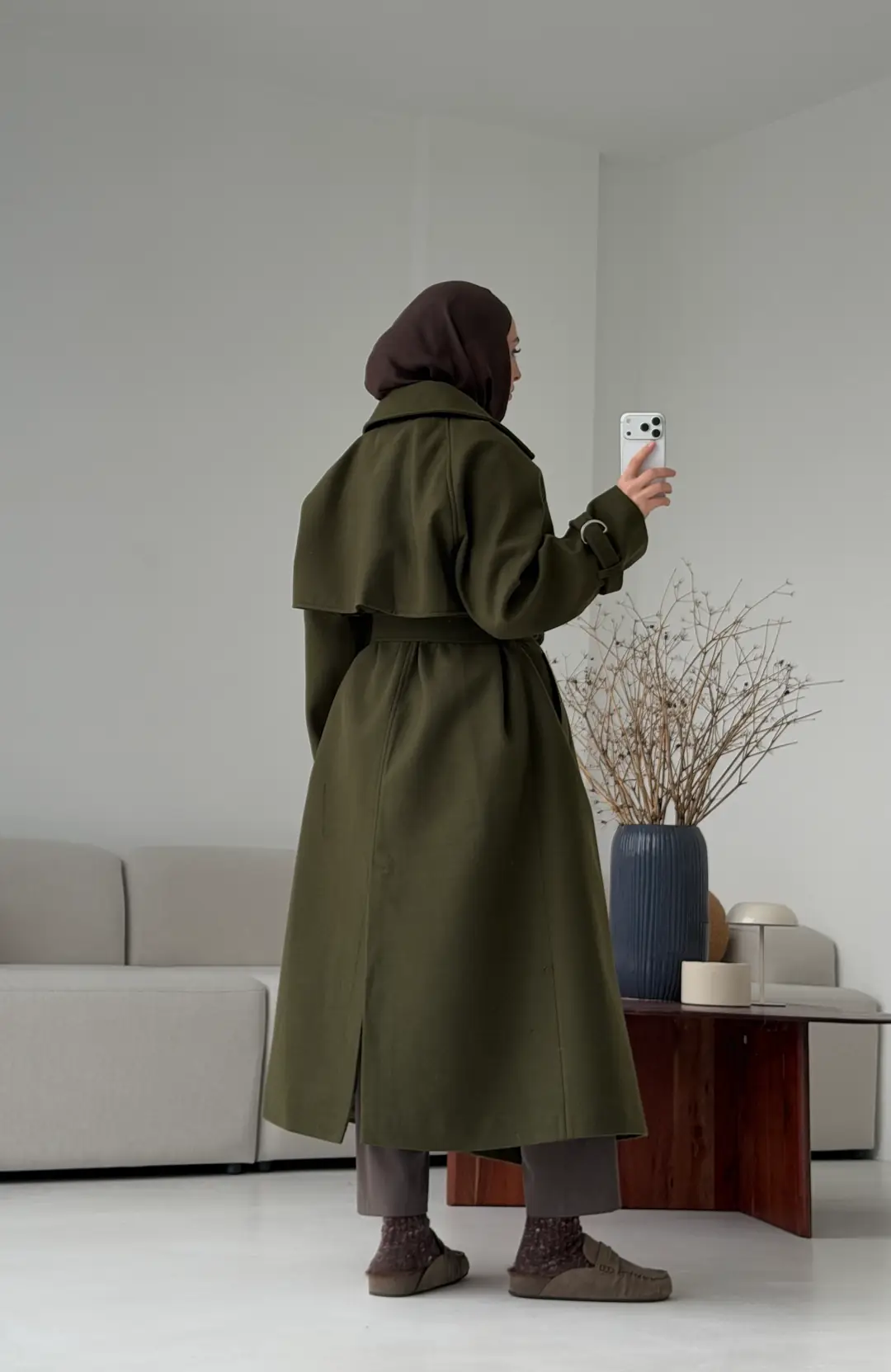 Tokalı Uzun Kaban Koyu Haki - Görsel 4