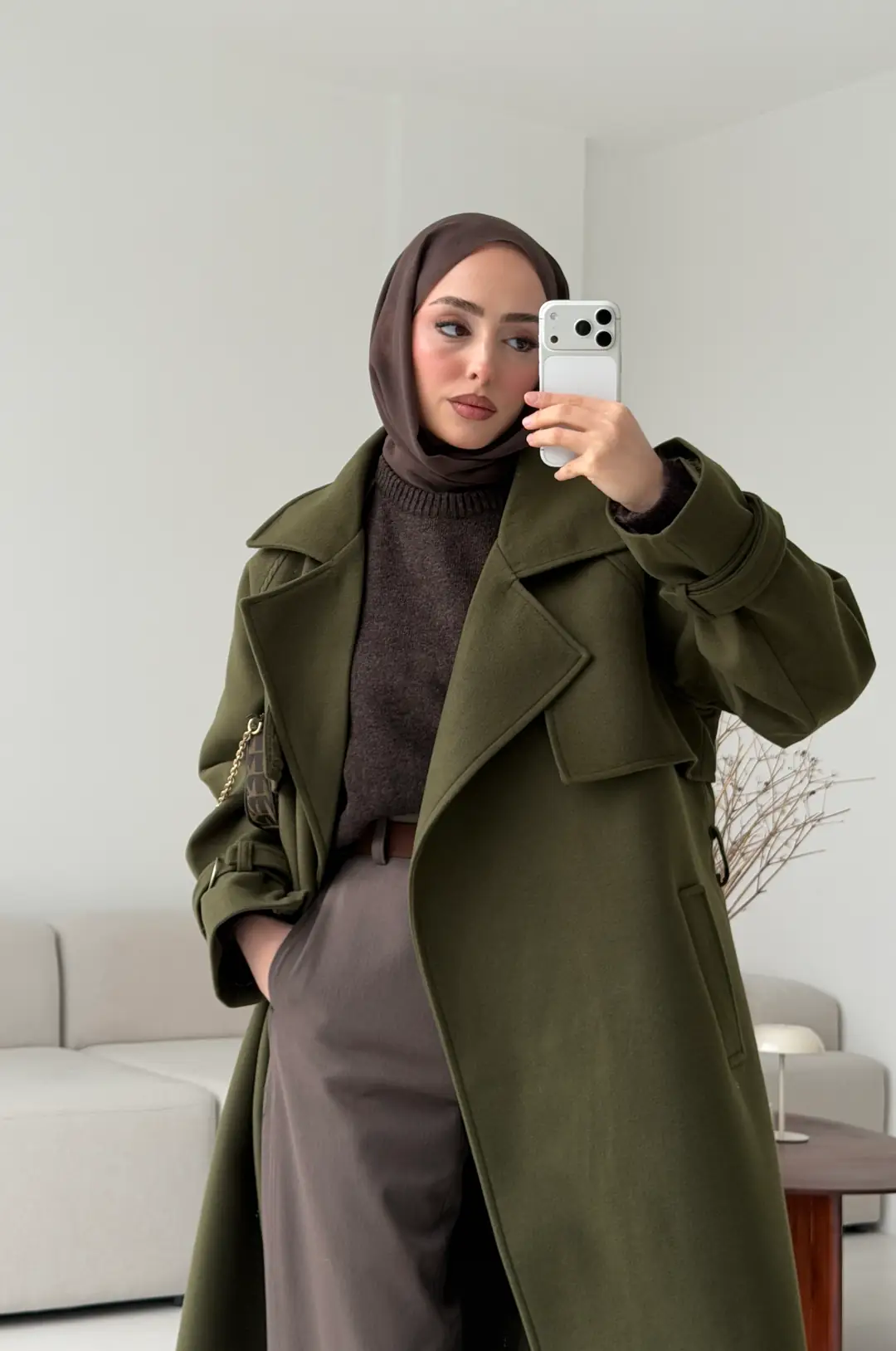 Tokalı Uzun Kaban Koyu Haki - Görsel 6