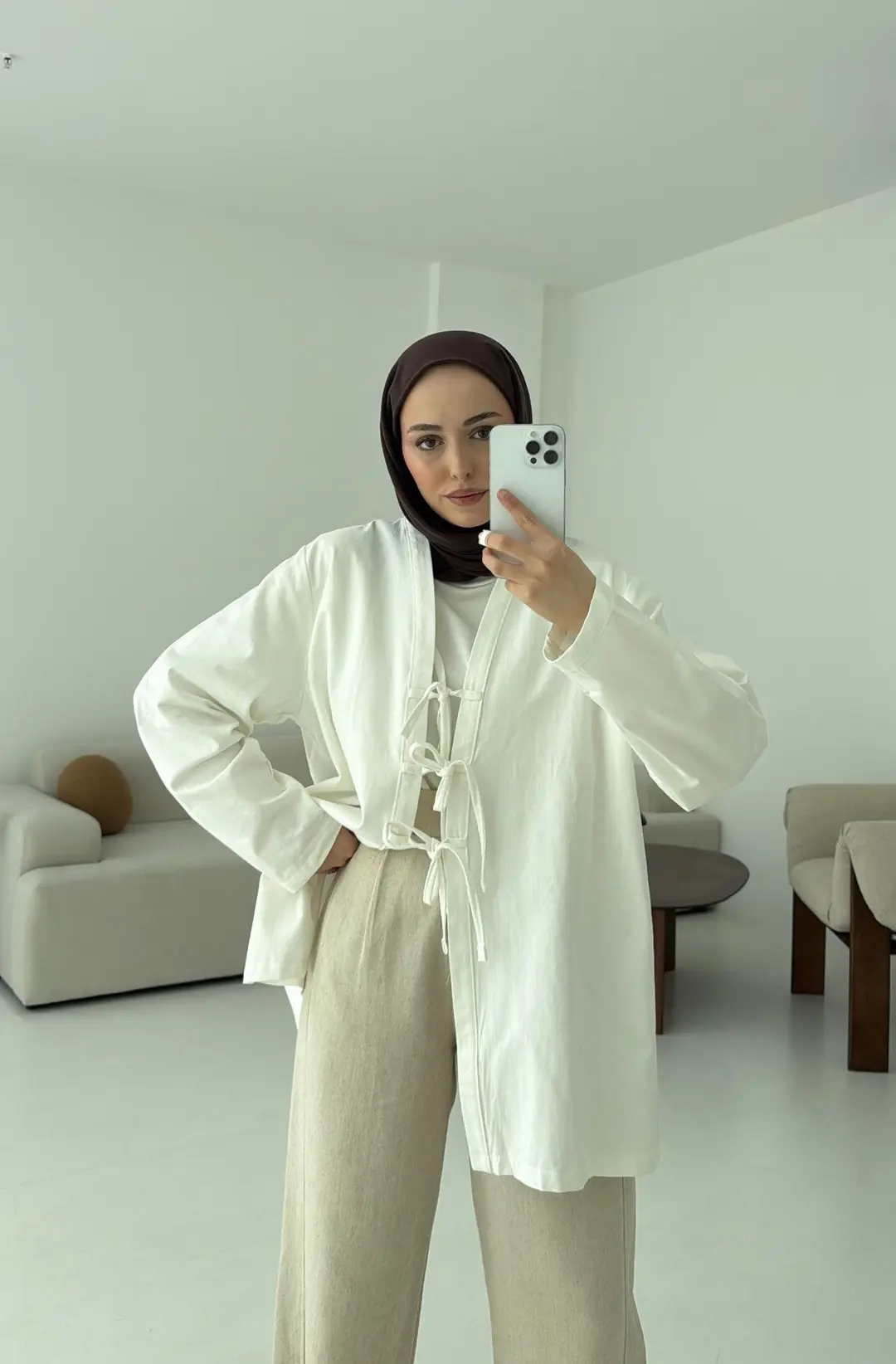 Üç Bağlamalı Kimono Beyaz - Görsel 4