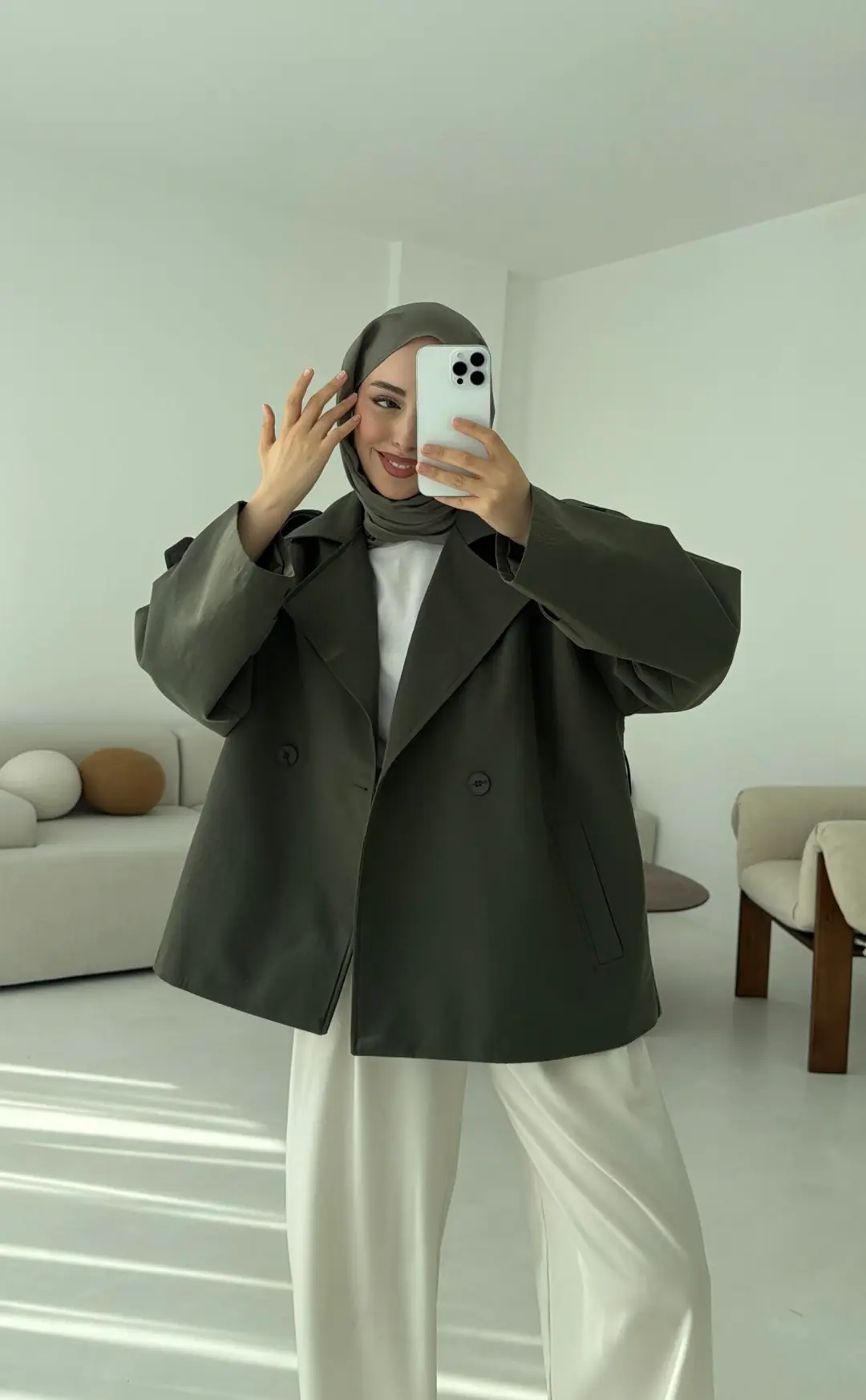 Vatkalı Kısa Trençkot Haki