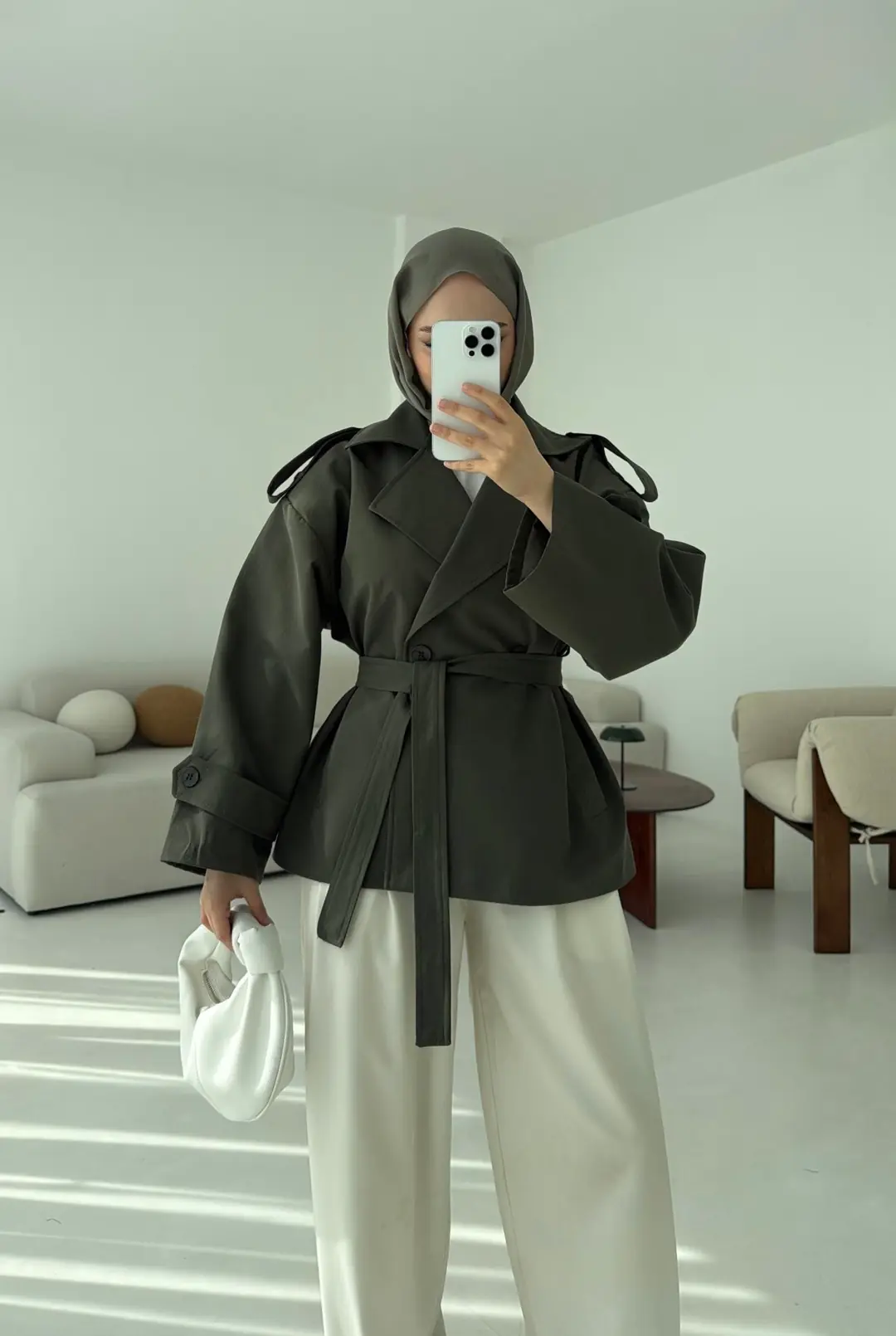 Vatkalı Kısa Trençkot Haki - Görsel 5