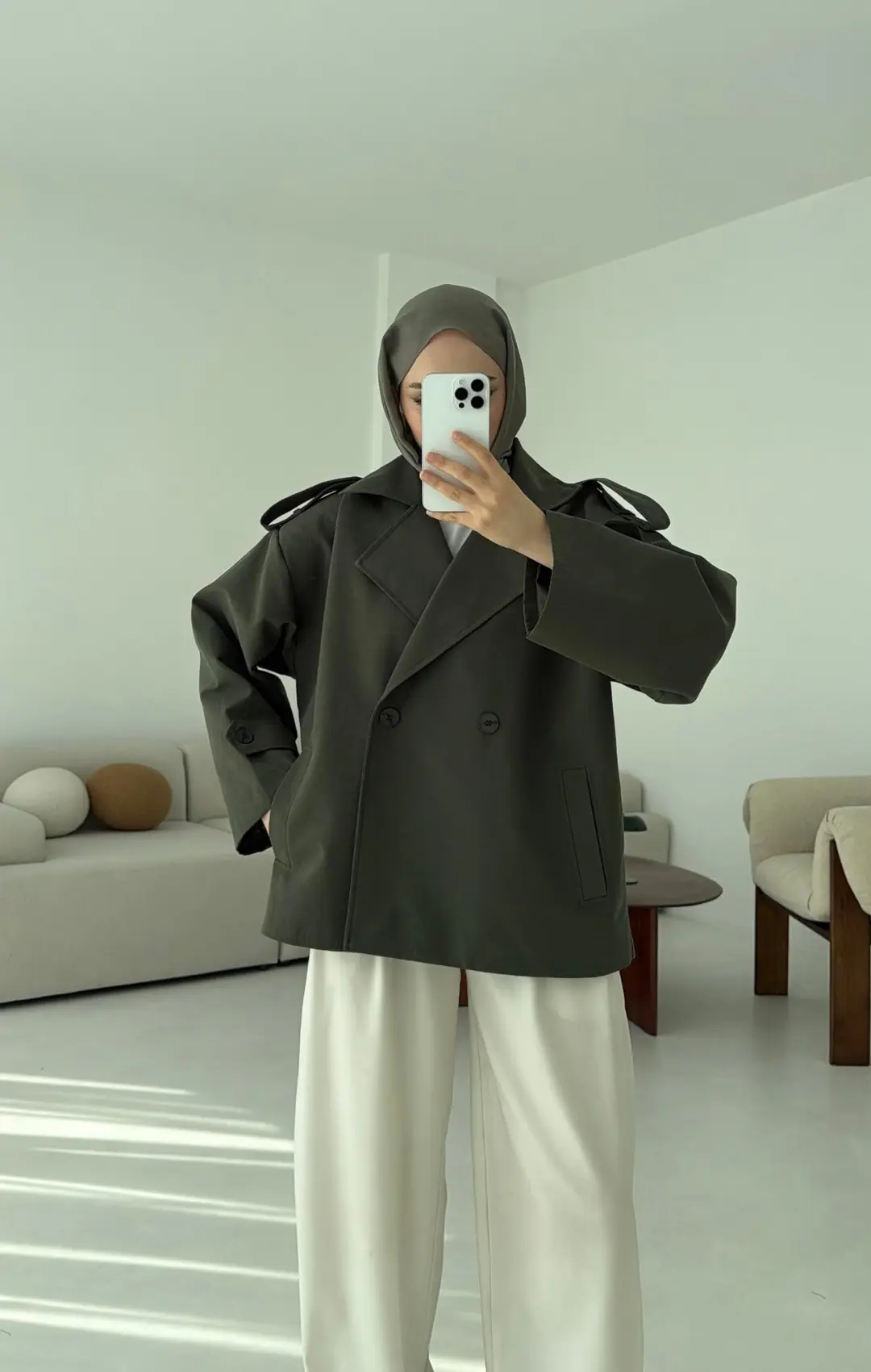 Vatkalı Kısa Trençkot Haki - Görsel 7