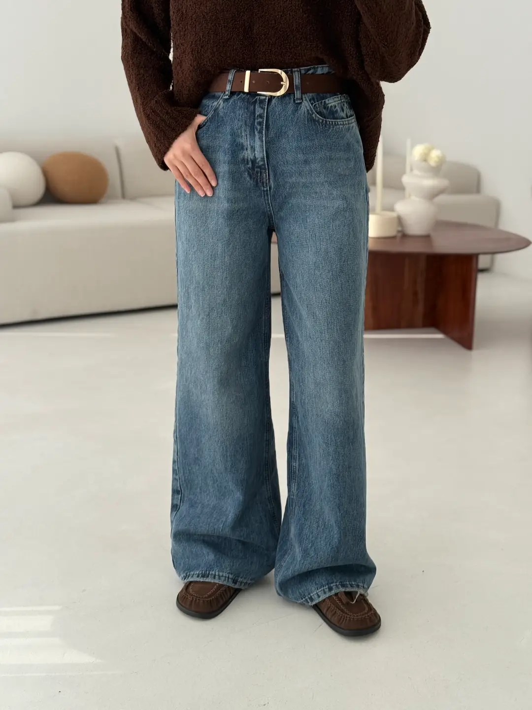 Wide Leg Kahve Kemerli Jean - Görsel 5