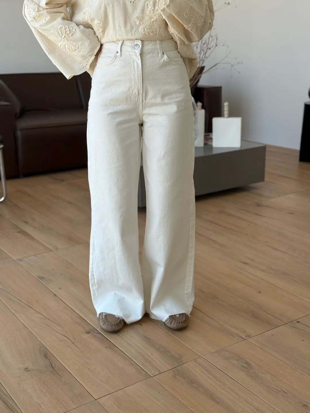 Wide Leg Kesik Paça Jean Kırık Beyaz