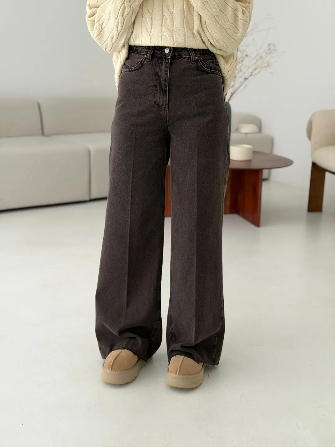 Wide Leg  Kesik Paca Tam Boy Jean Kahve