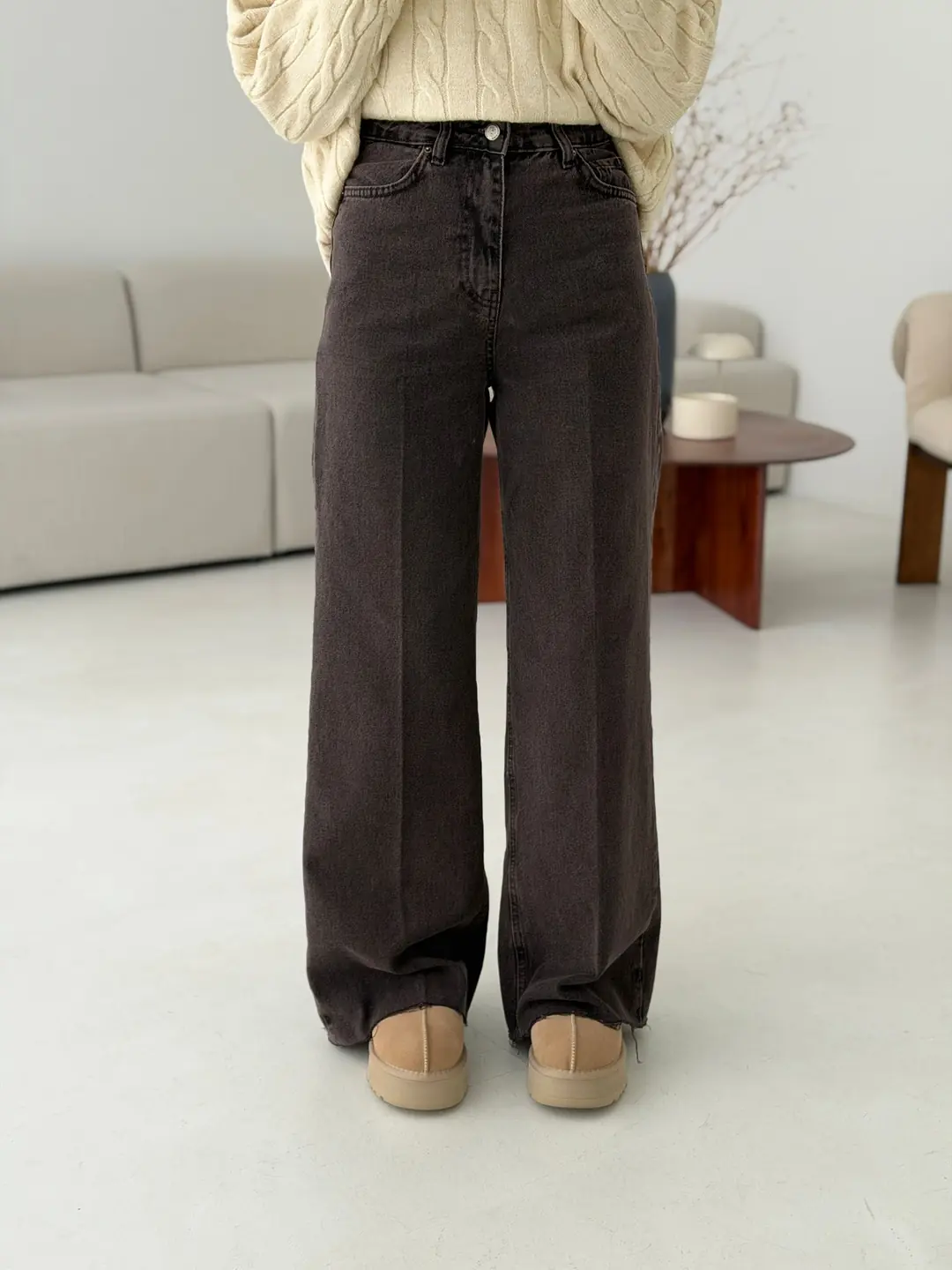 Wide Leg  Kesik Paca Tam Boy Jean Kahve - Görsel 2