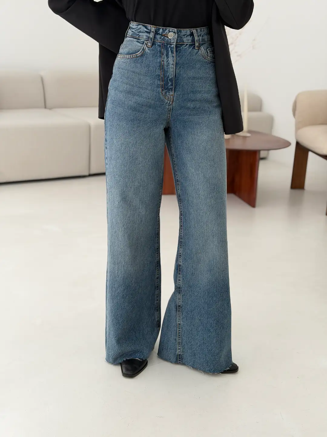 Wide Leg Mavi Kar Yıkama Pantolon - Görsel 3