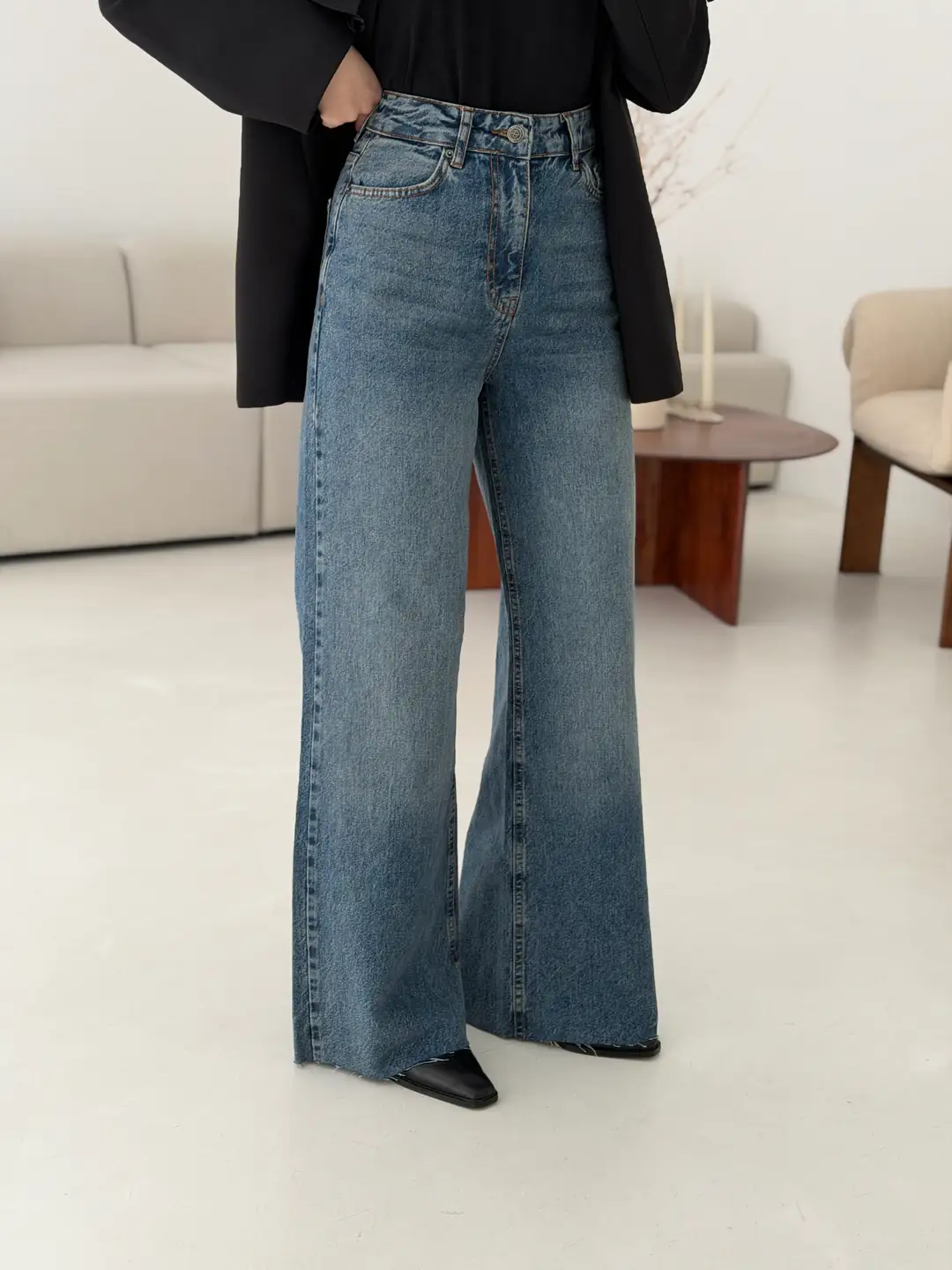 Wide Leg Mavi Kar Yıkama Pantolon - Görsel 4