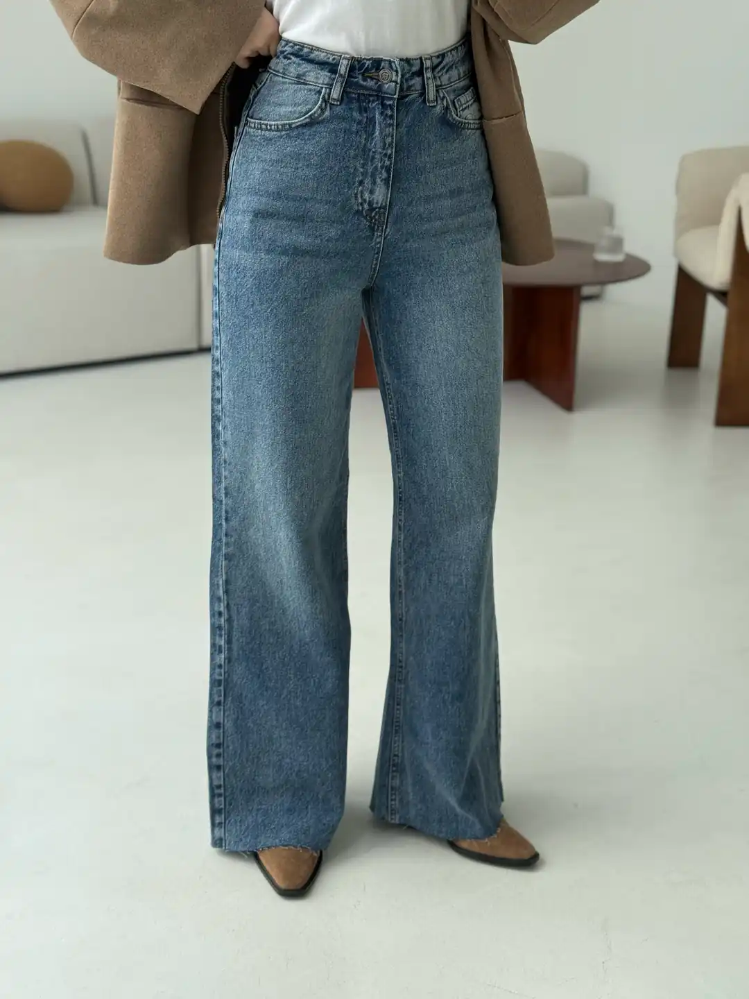 Wide Leg Mavi Kar Yıkama Pantolon - Görsel 2