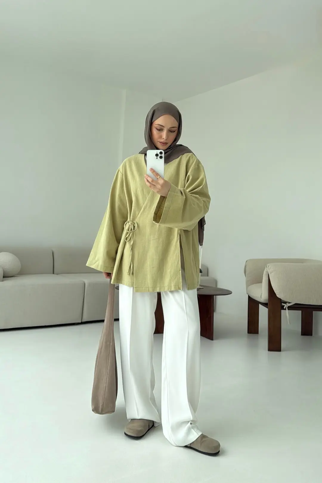 Yağ Yeşili Yırtmaç Detay Keten Kimono