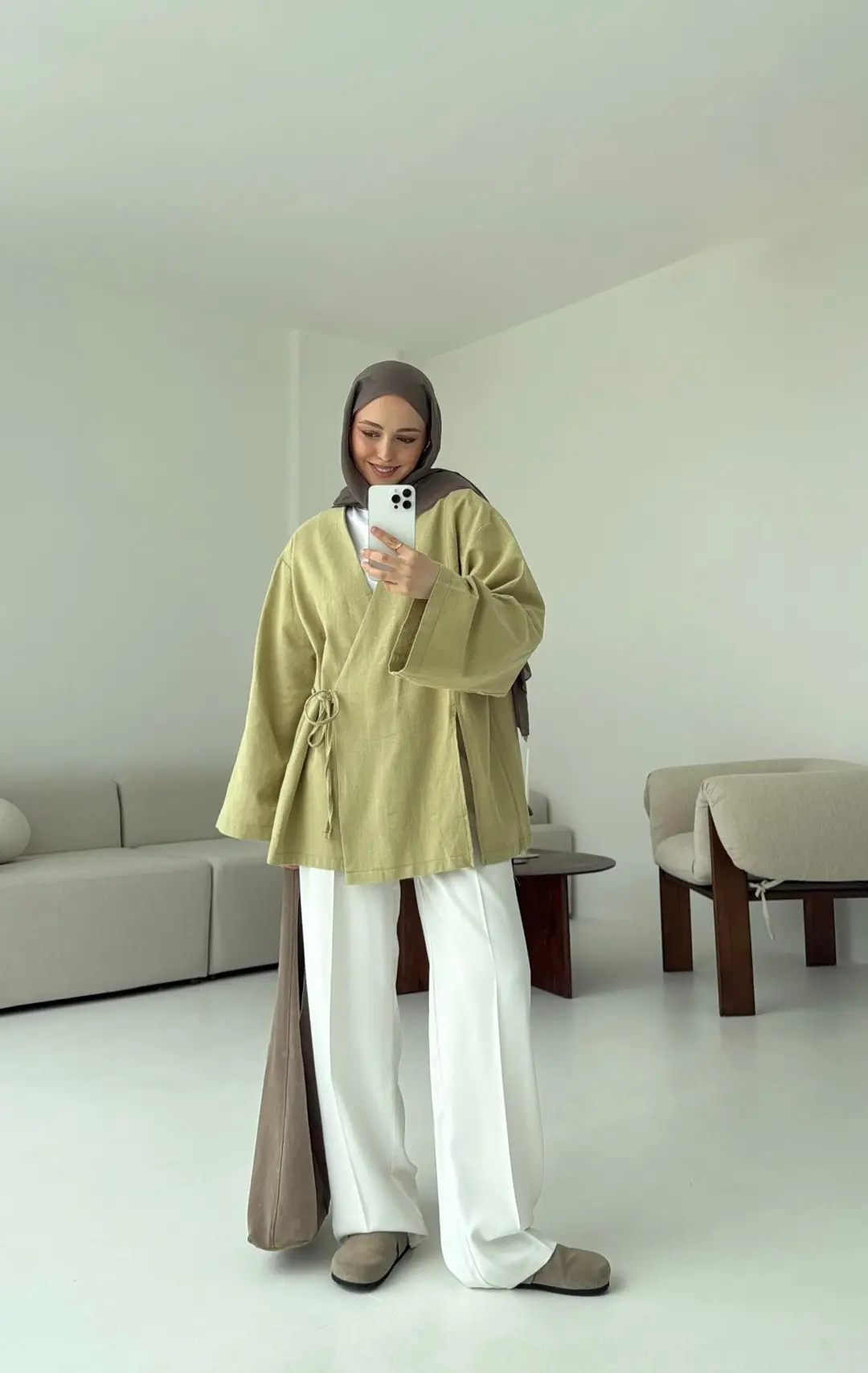 Yağ Yeşili Yırtmaç Detay Keten Kimono - Görsel 2