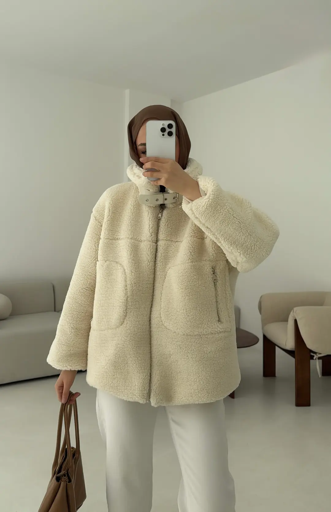 Yaka Toka Detay Biker Ceket Krem - Görsel 5