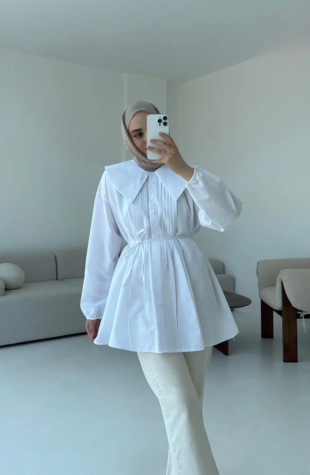 Yakalı Nervüllü Gömlek Beyaz - Görsel 7