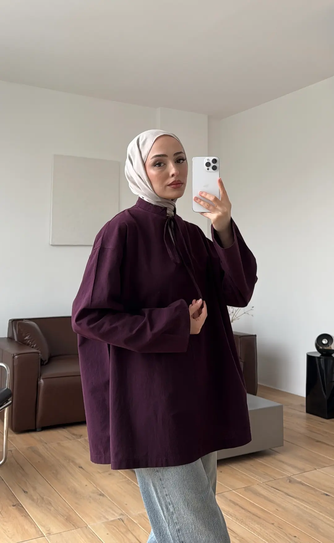 Yakası Bağlamalı Keten Bluz Mürdüm