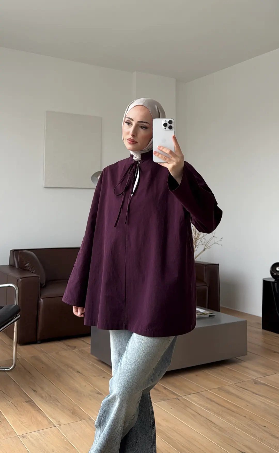 Yakası Bağlamalı Keten Bluz Mürdüm - Görsel 4