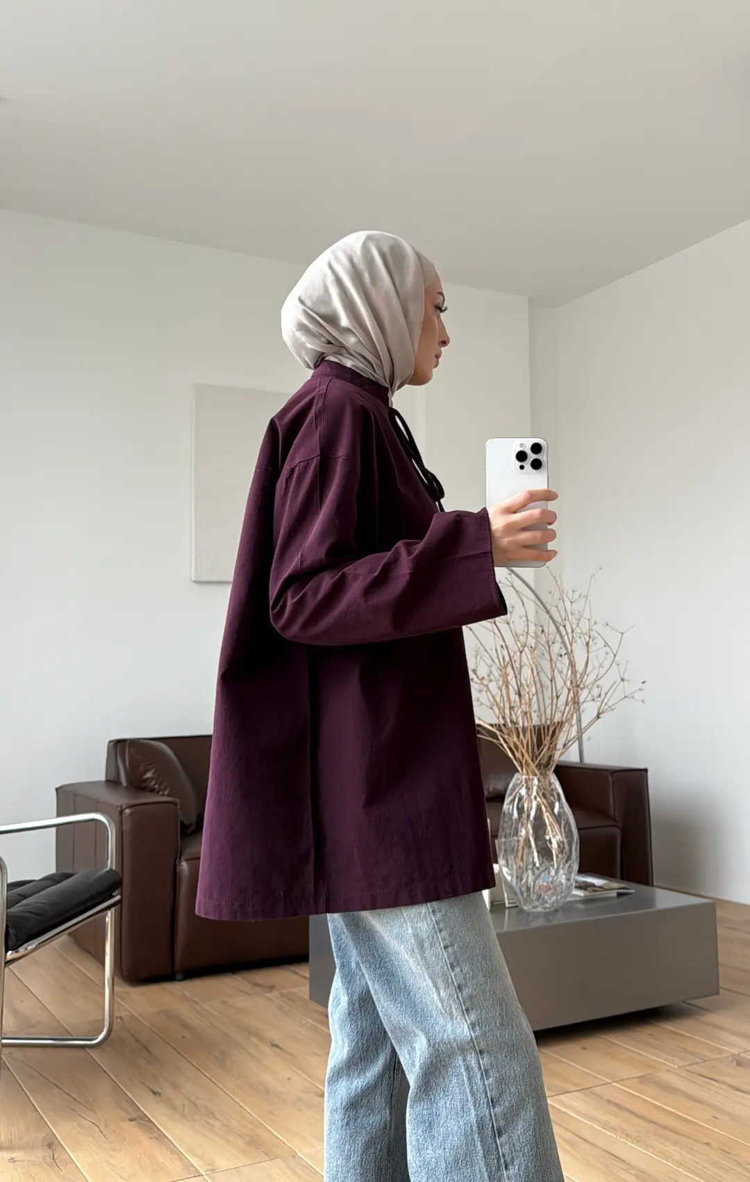 Yakası Bağlamalı Keten Bluz Mürdüm - Görsel 5