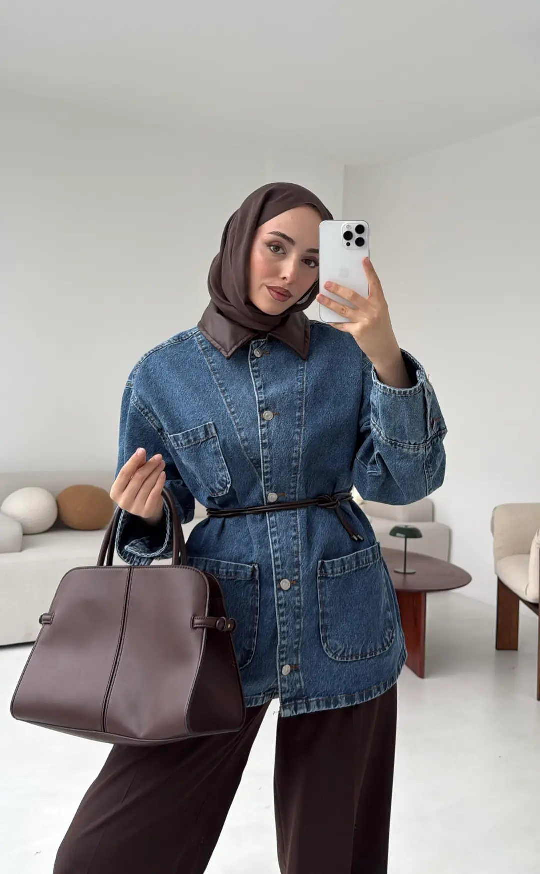 Yakası Deri Denim Ceket