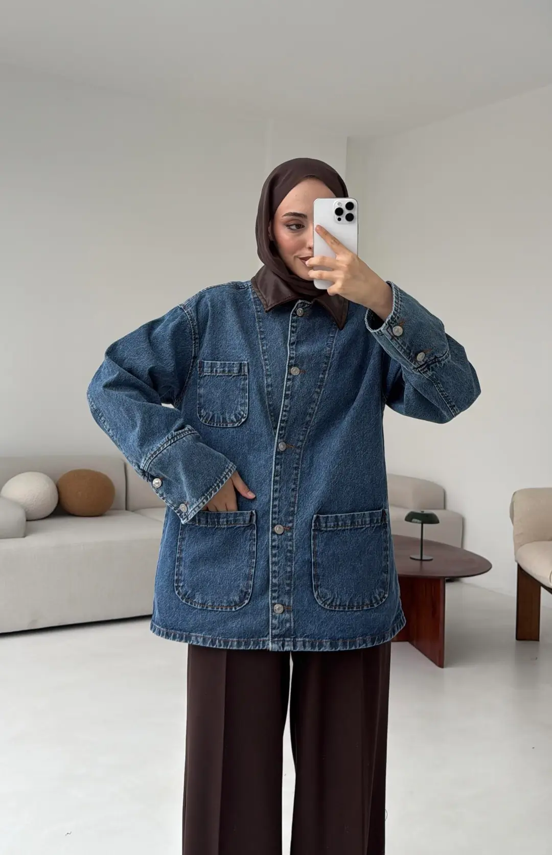 Yakası Deri Denim Ceket - Görsel 6