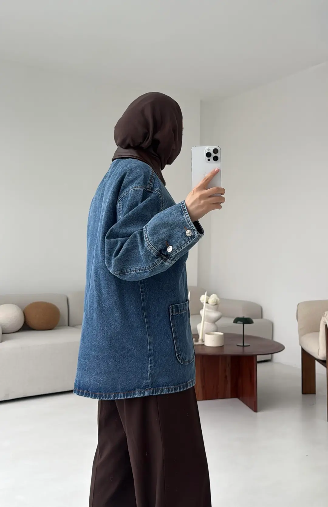 Yakası Deri Denim Ceket - Görsel 7