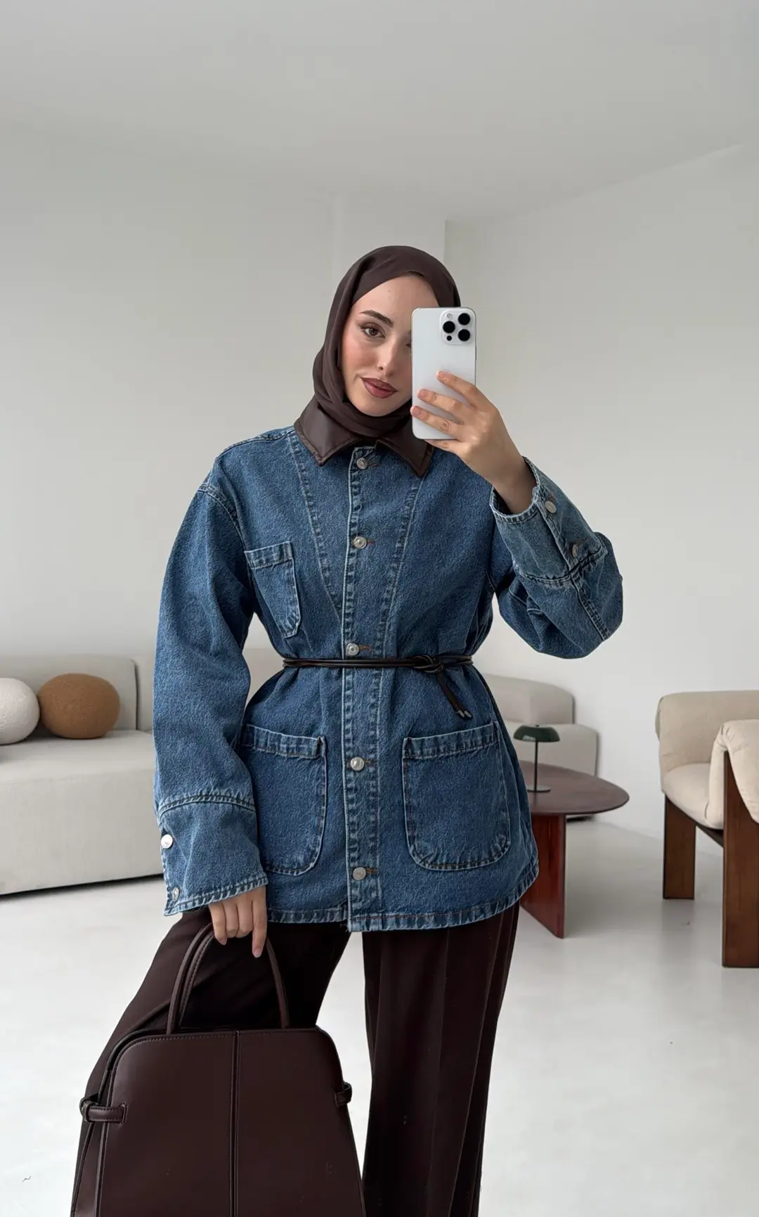 Yakası Deri Denim Ceket - Görsel 9