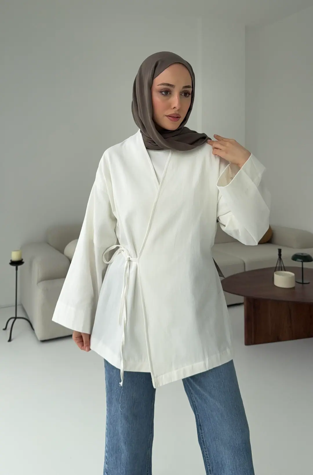 Yandan Bağlama Kimono Beyaz - Görsel 4