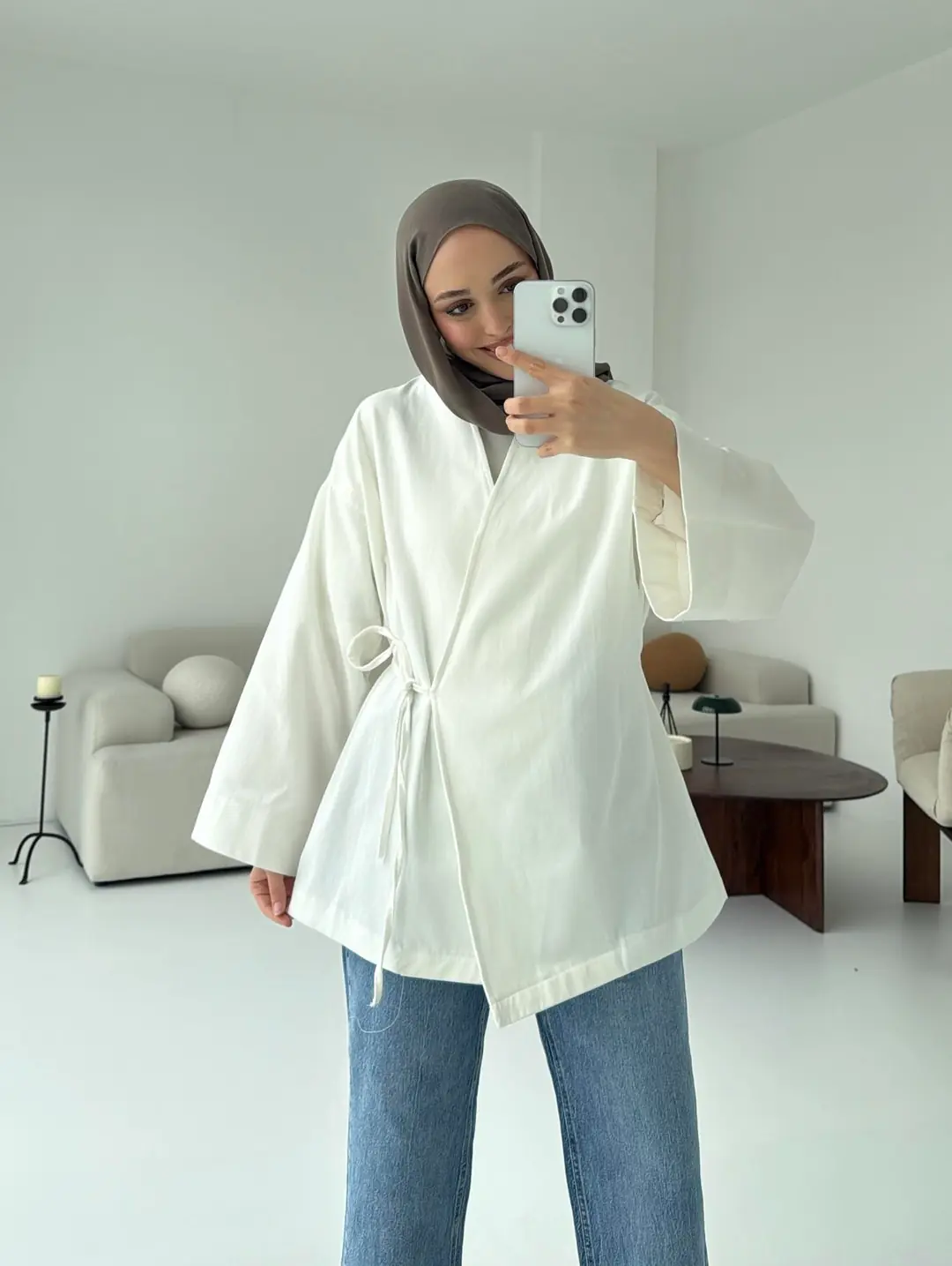 Yandan Bağlama Kimono Beyaz - Görsel 6