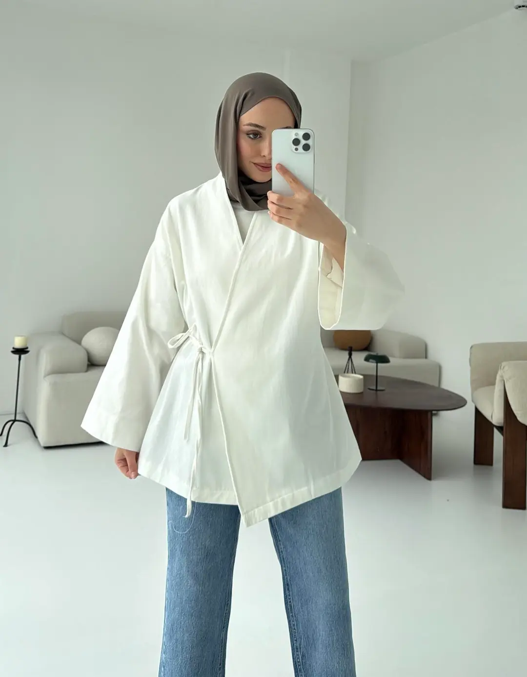 Yandan Bağlama Kimono Beyaz - Görsel 9