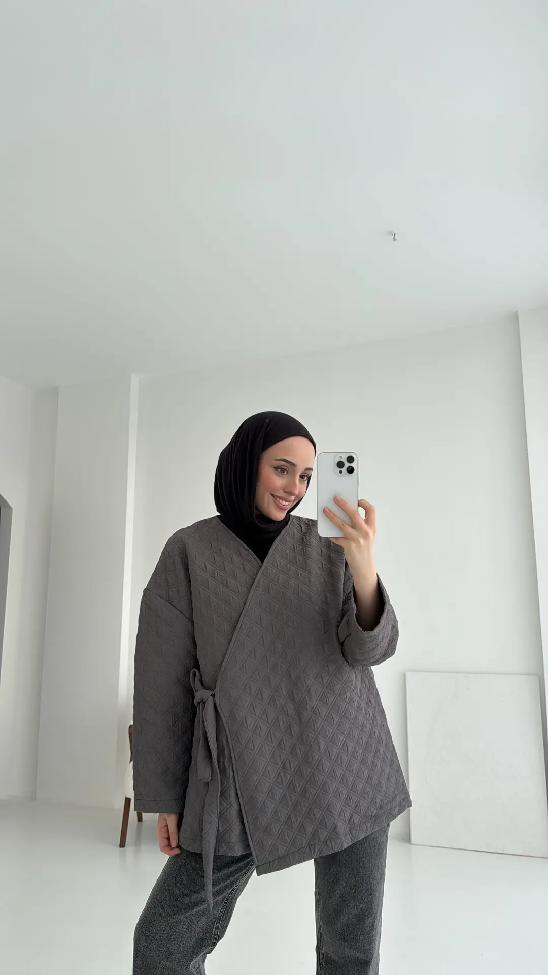 Yandan Bağlamalı Kapitone Ceket Gri