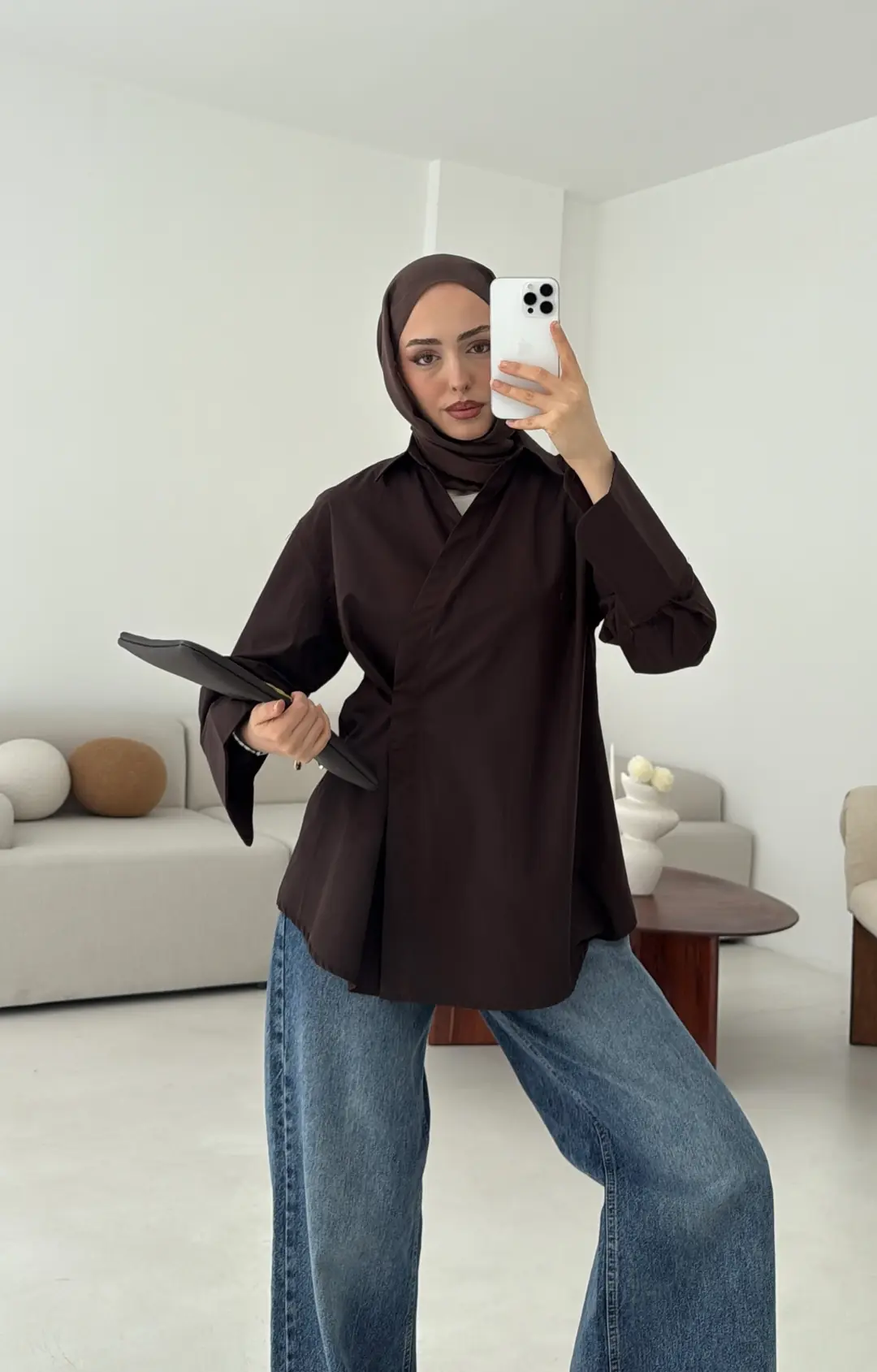 Yandan Düğmeli Gömlek Kahve